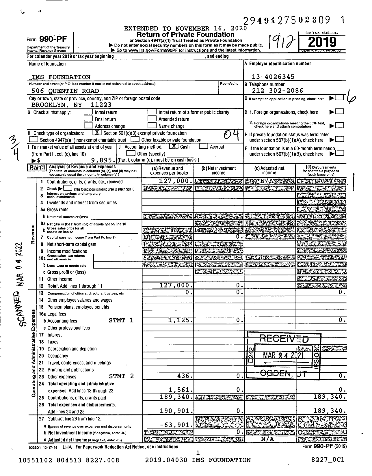 Image of first page of 2019 Form 990PF for Ims Foundation / Salem Raymond & David Ttee