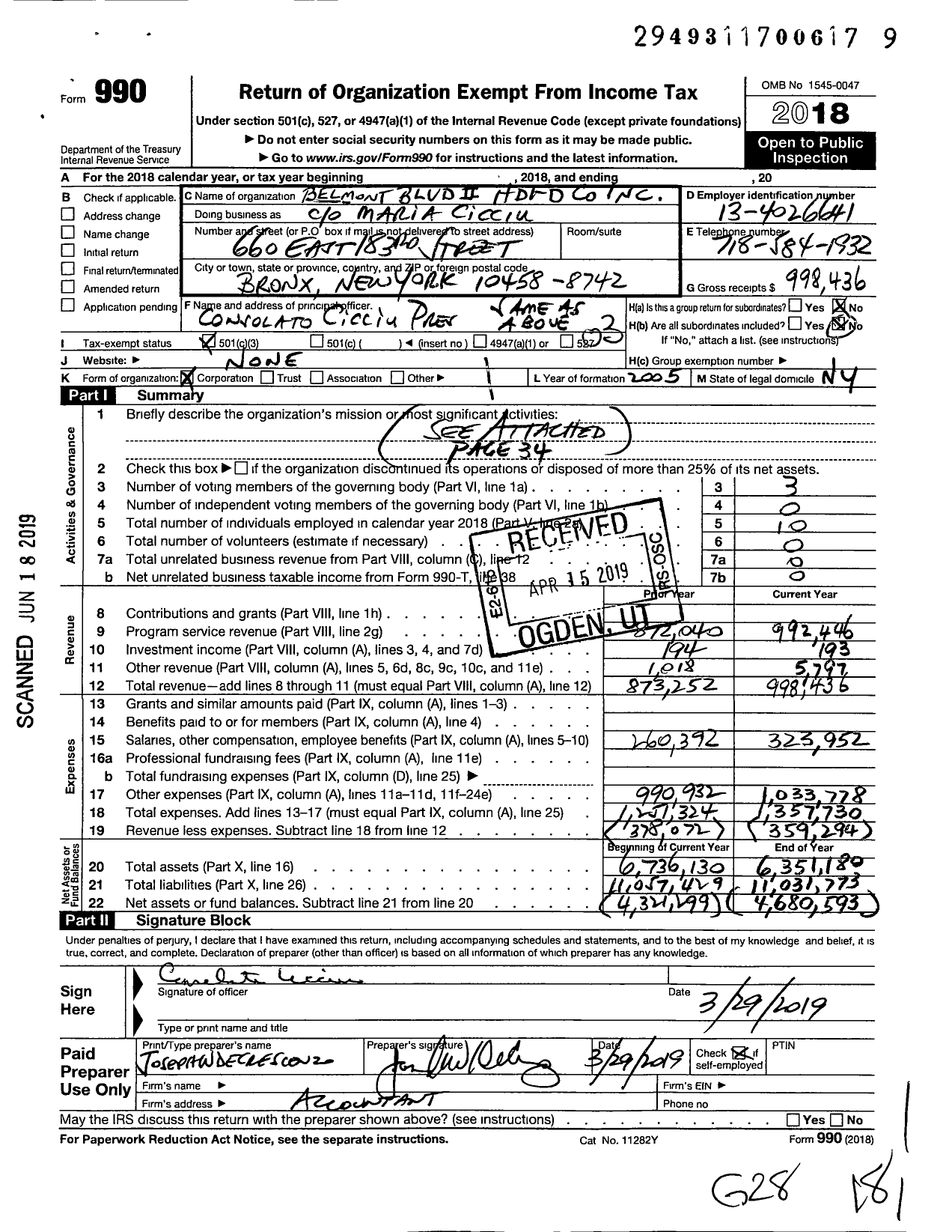 Image of first page of 2018 Form 990 for Belmont Boulevard Ii HDFC