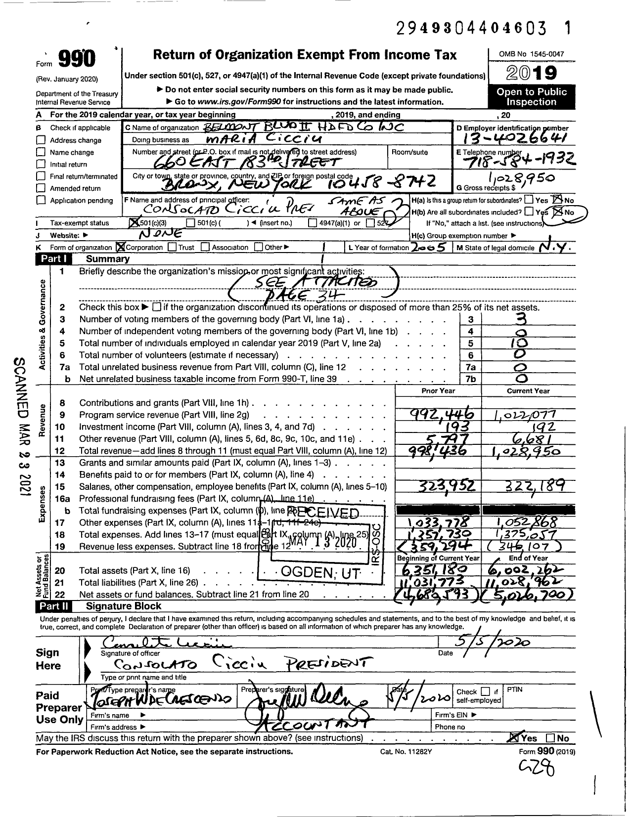 Image of first page of 2019 Form 990 for Belmont Boulevard Ii HDFC