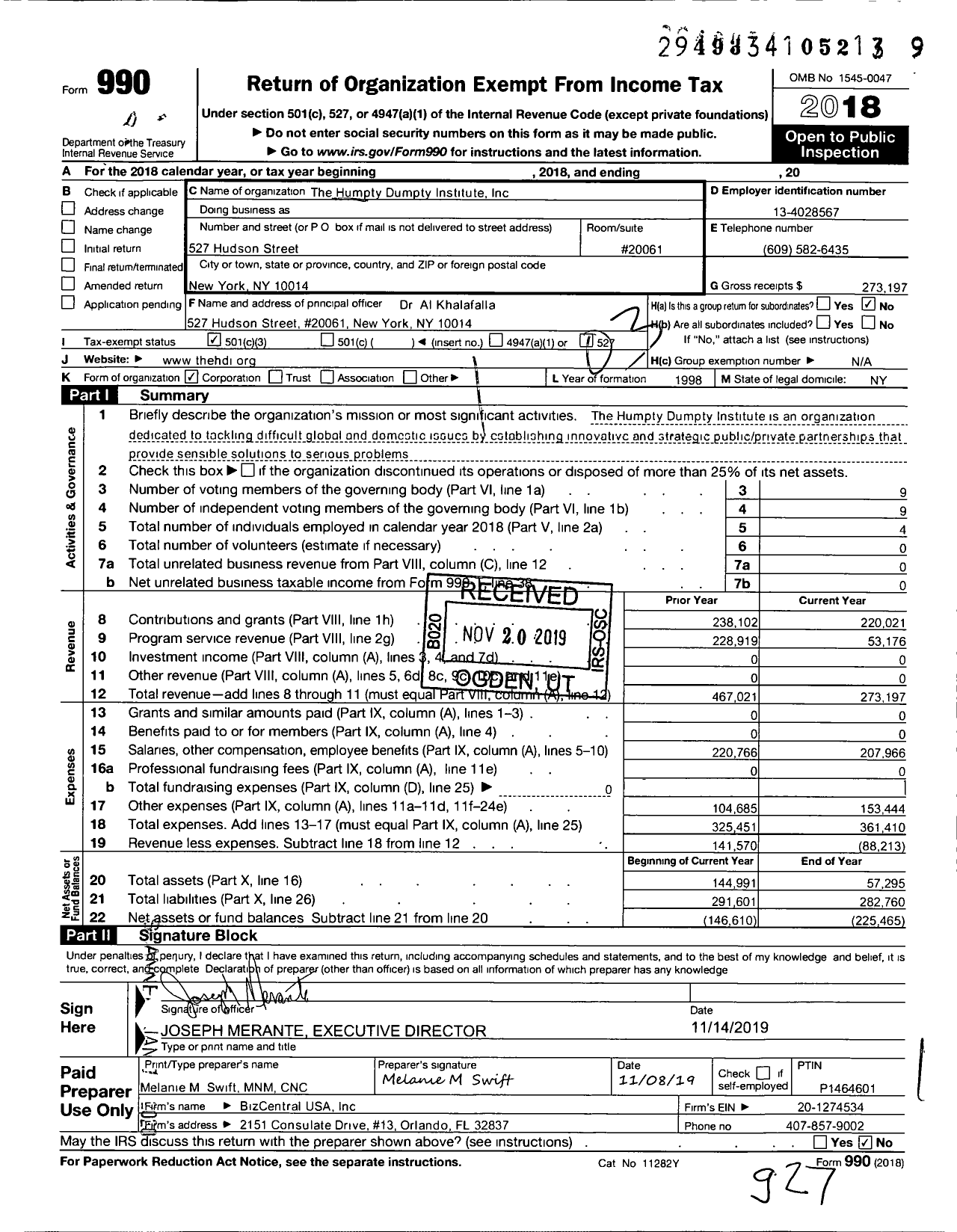 Image of first page of 2018 Form 990 for Humpty Dumpty Institute