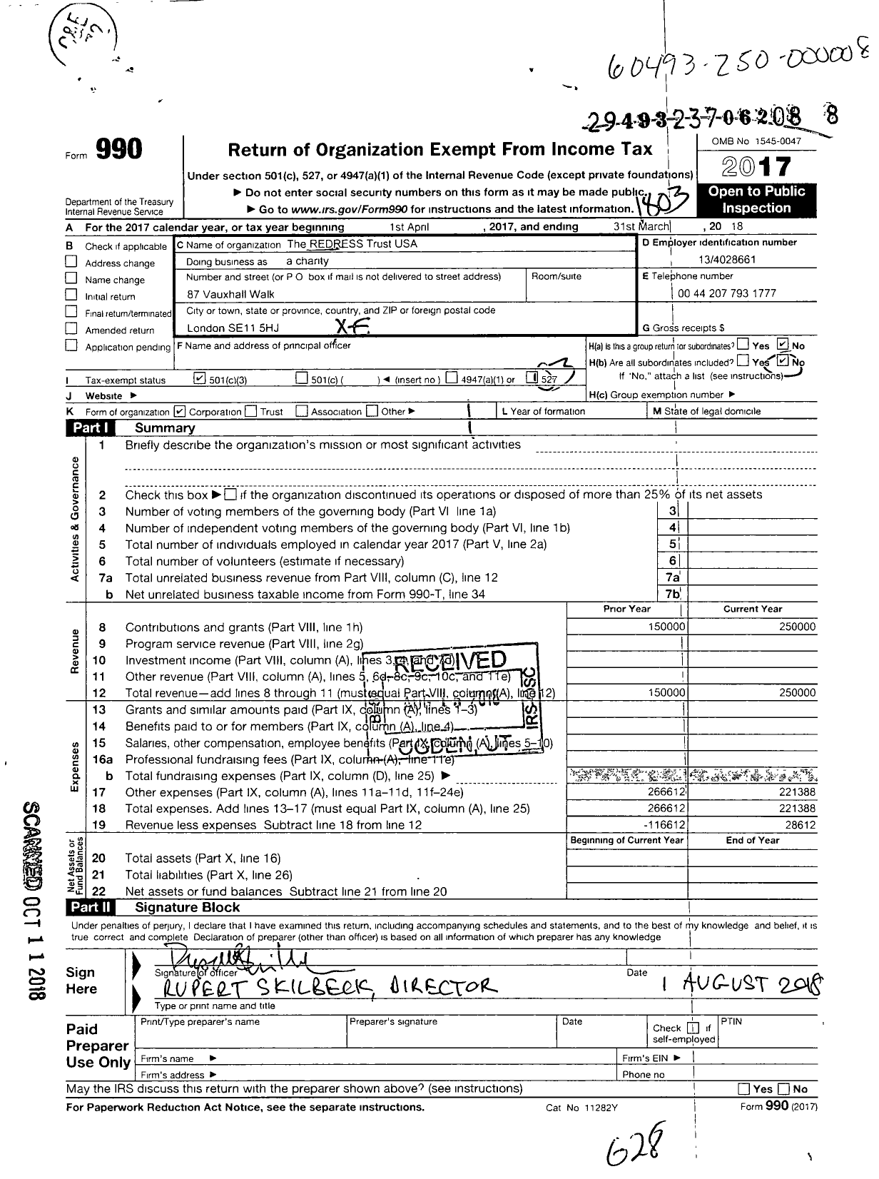 Image of first page of 2017 Form 990 for Redress Trust USA