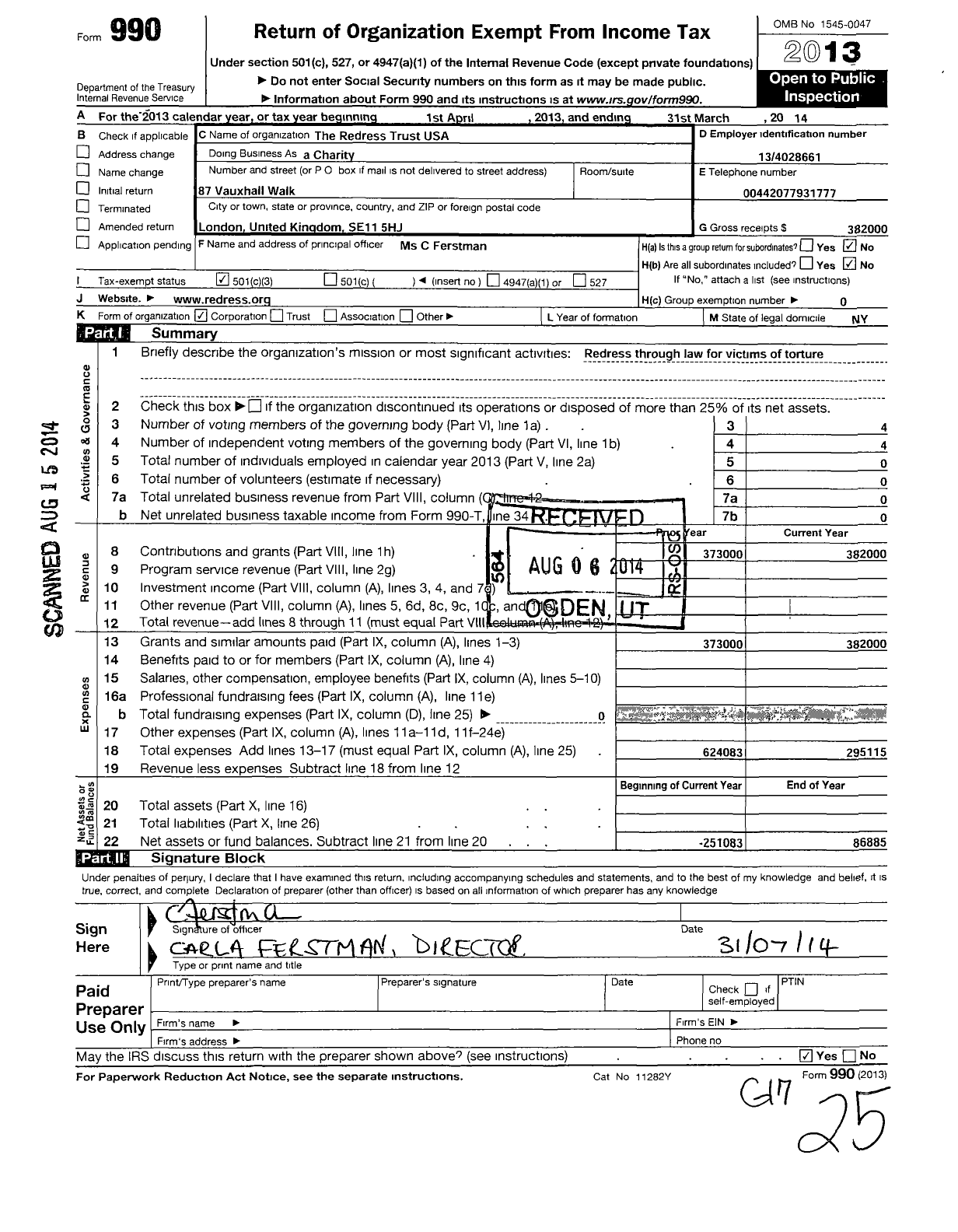 Image of first page of 2013 Form 990 for Redress Trust USA