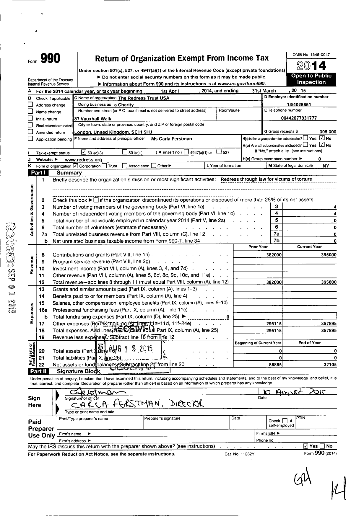 Image of first page of 2014 Form 990 for Redress Trust USA