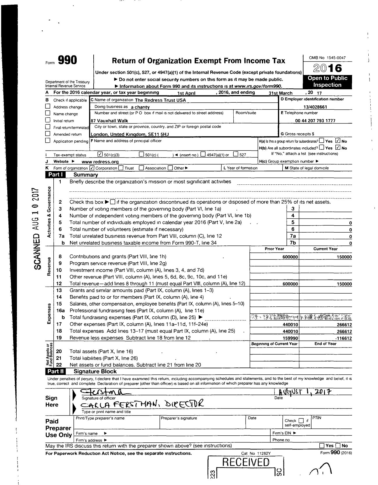 Image of first page of 2016 Form 990 for Redress Trust USA