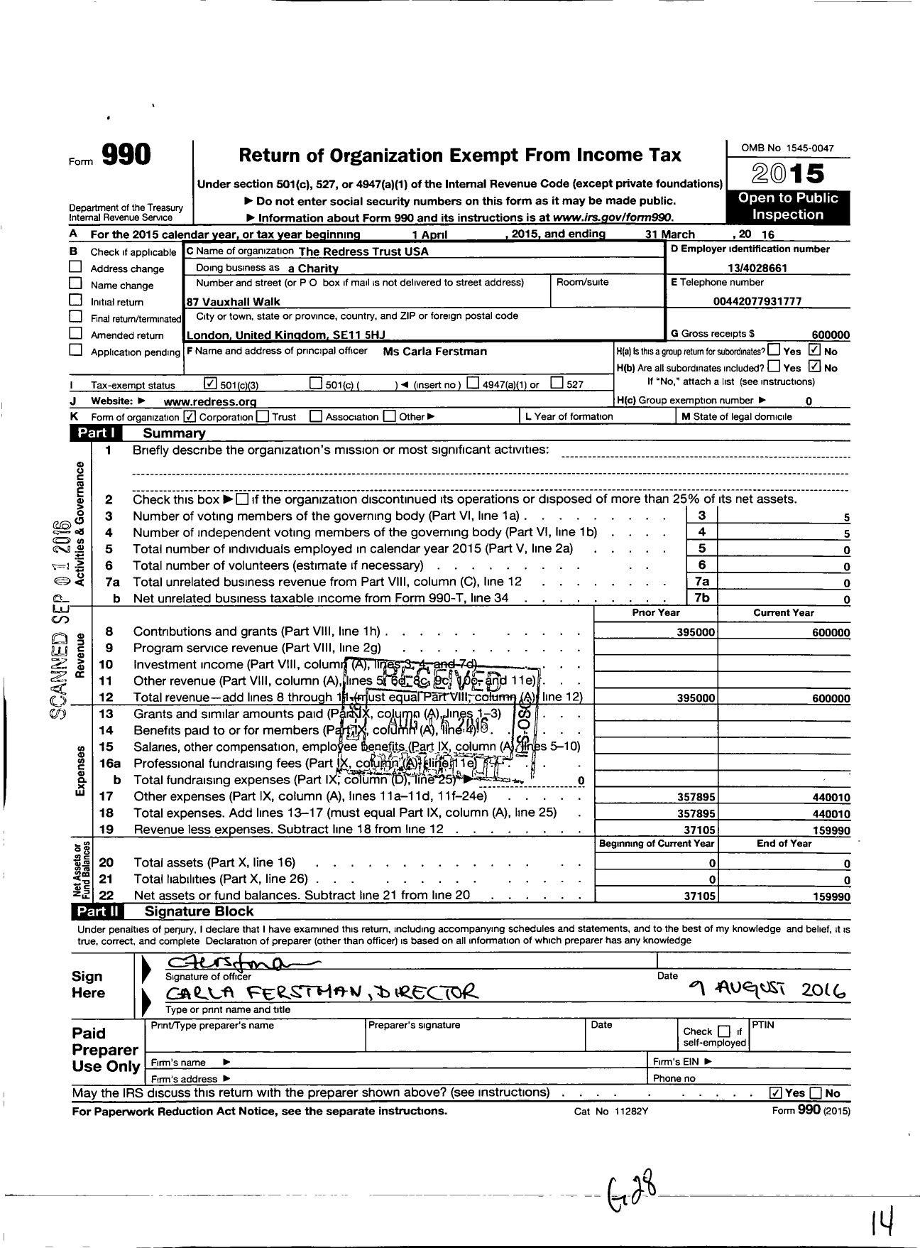 Image of first page of 2015 Form 990 for Redress Trust USA