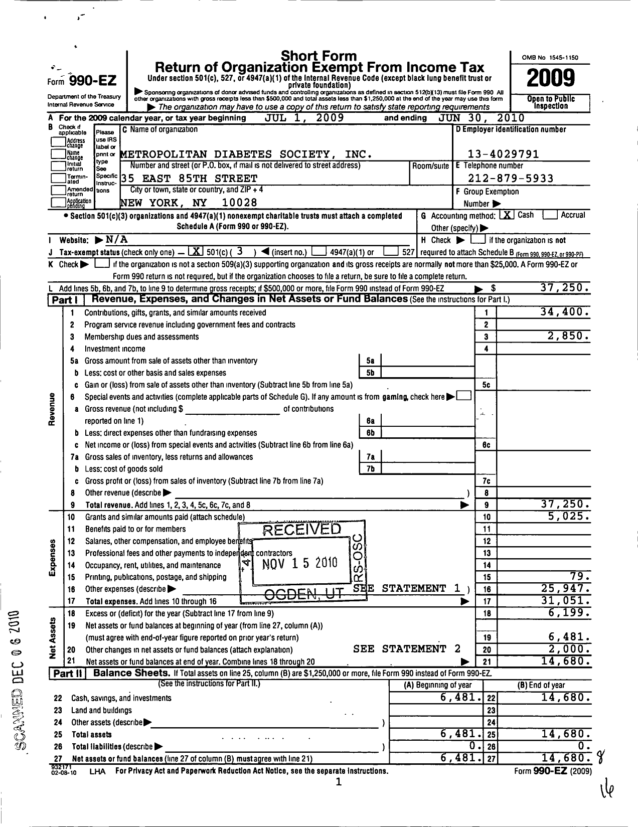 Image of first page of 2009 Form 990EZ for Metropolitan Diabetes Society