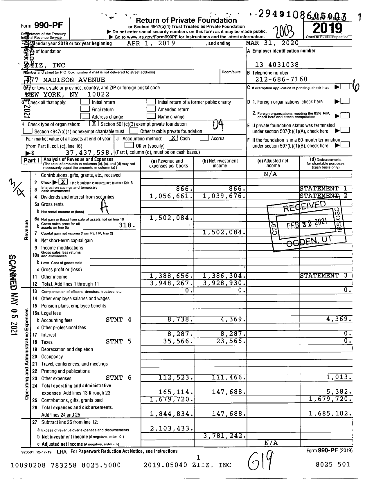 Image of first page of 2019 Form 990PF for Ziiz