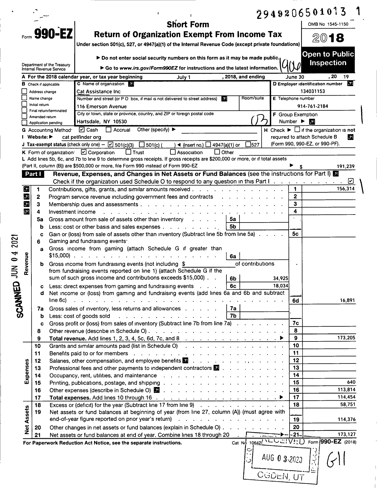 Image of first page of 2018 Form 990EZ for Cat Assistance