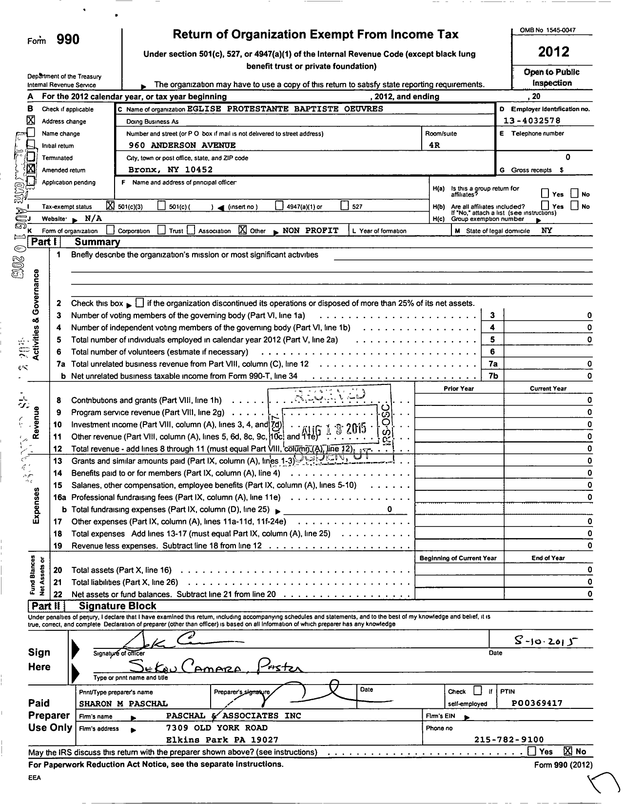 Image of first page of 2012 Form 990 for Eglise Protestante Baptiste Oeuvres