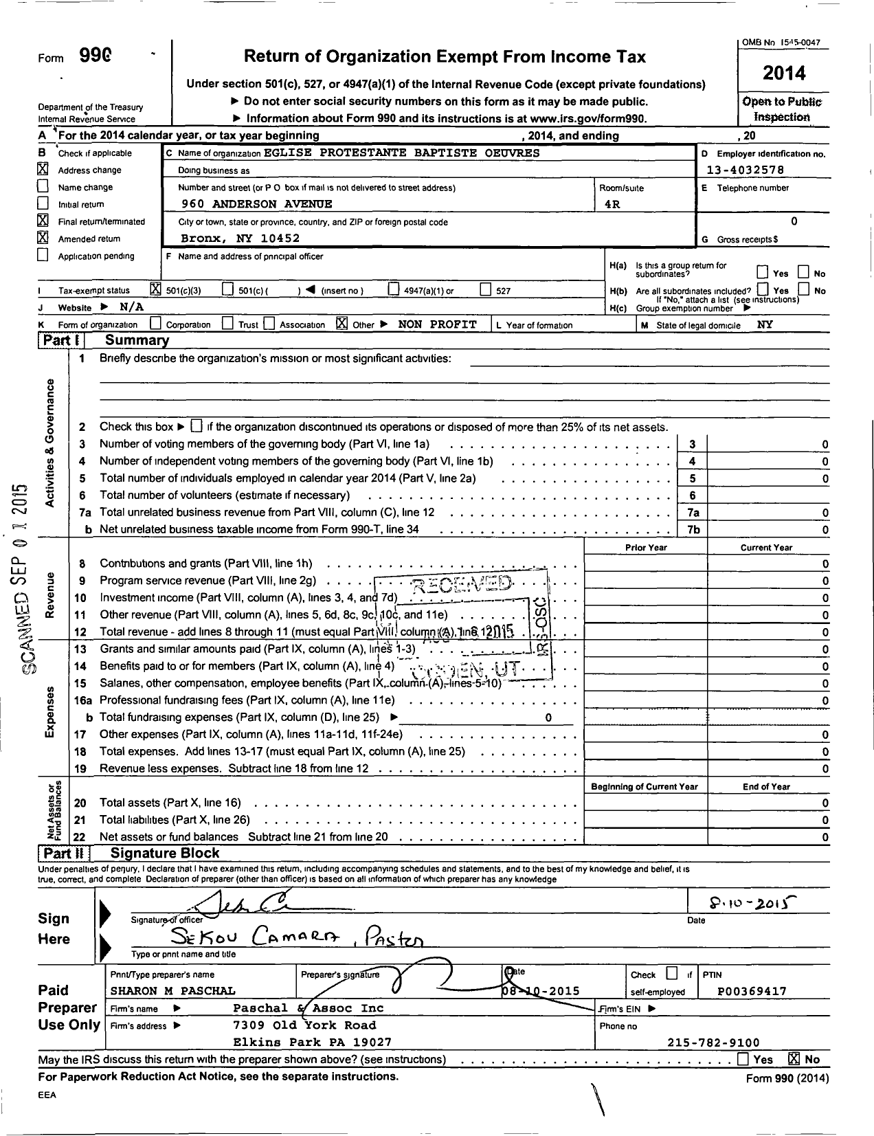 Image of first page of 2014 Form 990 for Eglise Protestante Baptiste Oeuvres