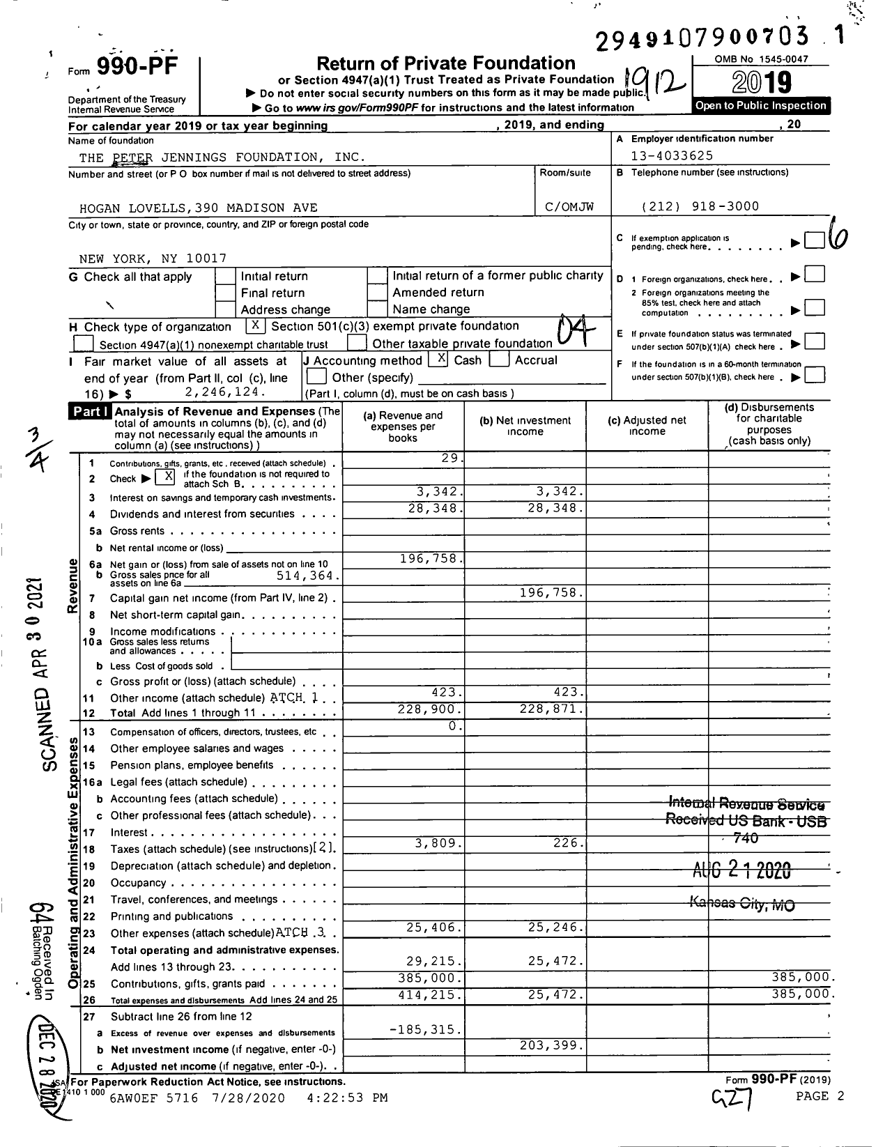 Image of first page of 2019 Form 990PF for The Peter Jennings Foundation