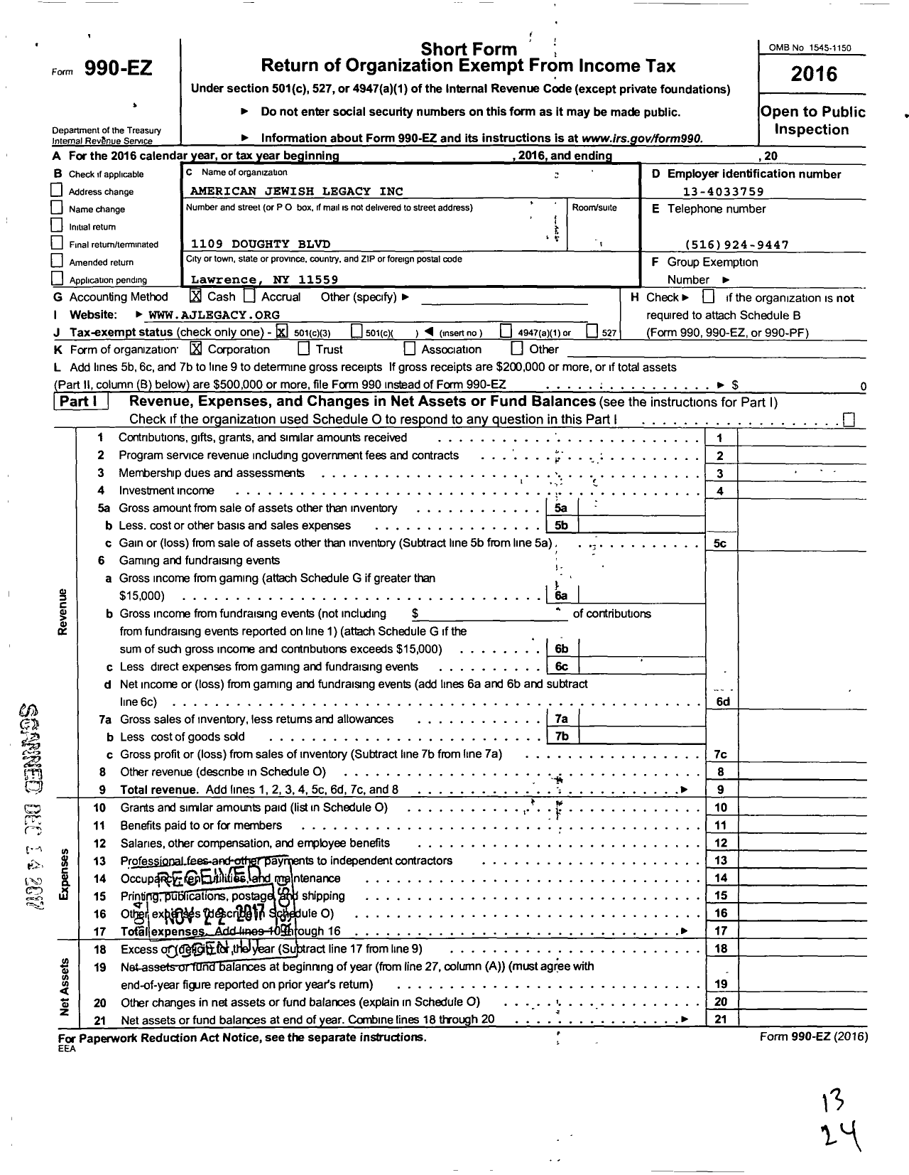 Image of first page of 2016 Form 990EZ for American Jewish Legacy