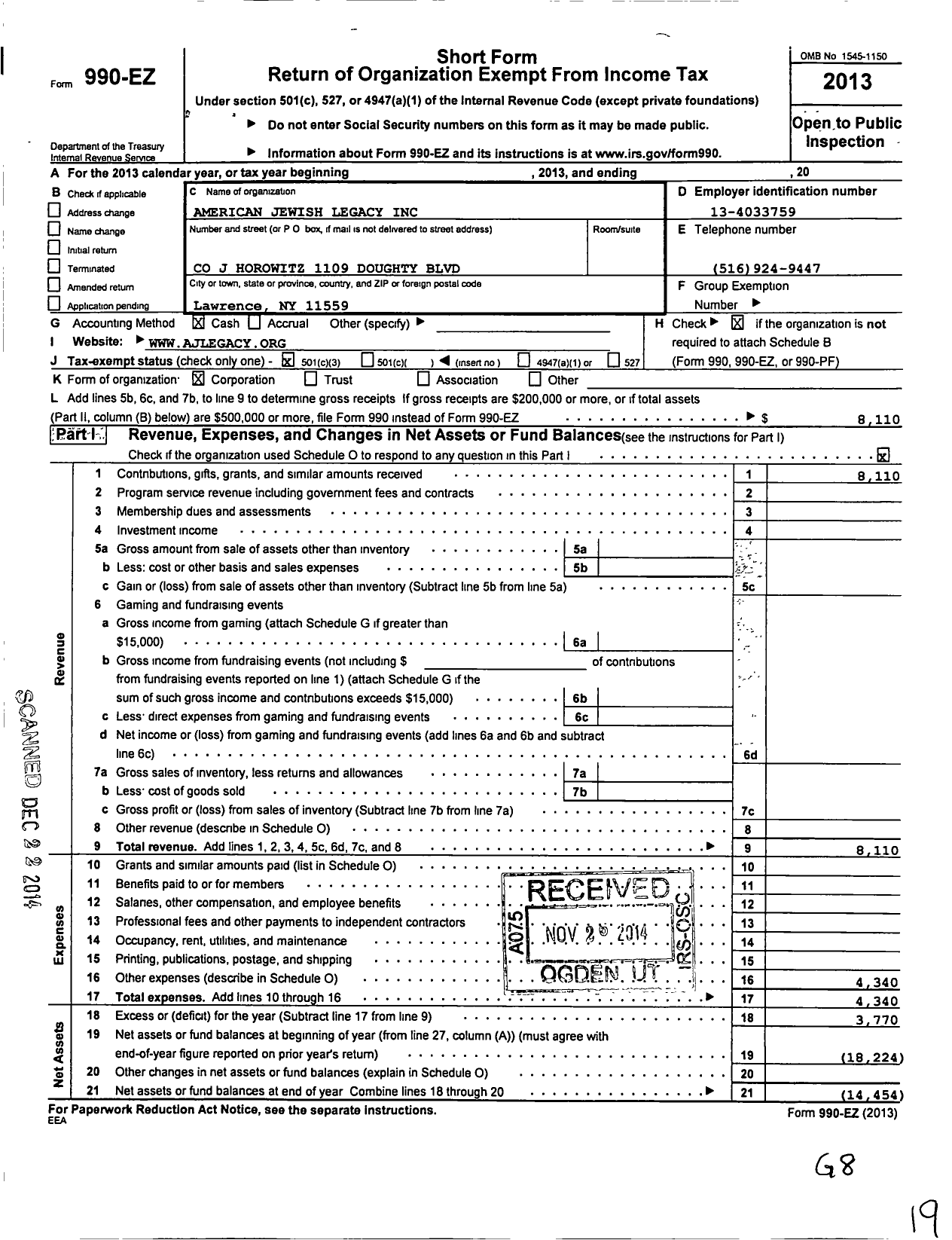 Image of first page of 2013 Form 990EZ for American Jewish Legacy