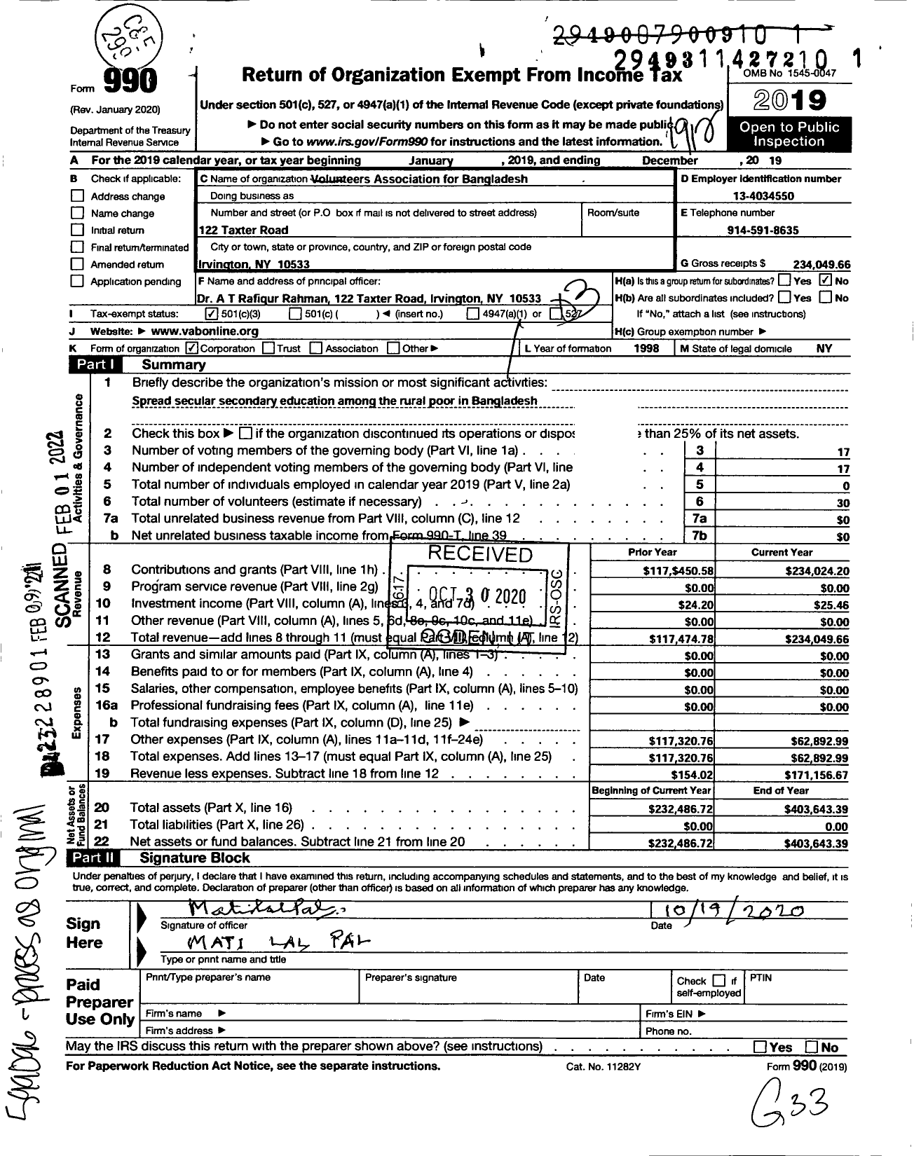 Image of first page of 2019 Form 990 for Volunteers Association for Bangladesh