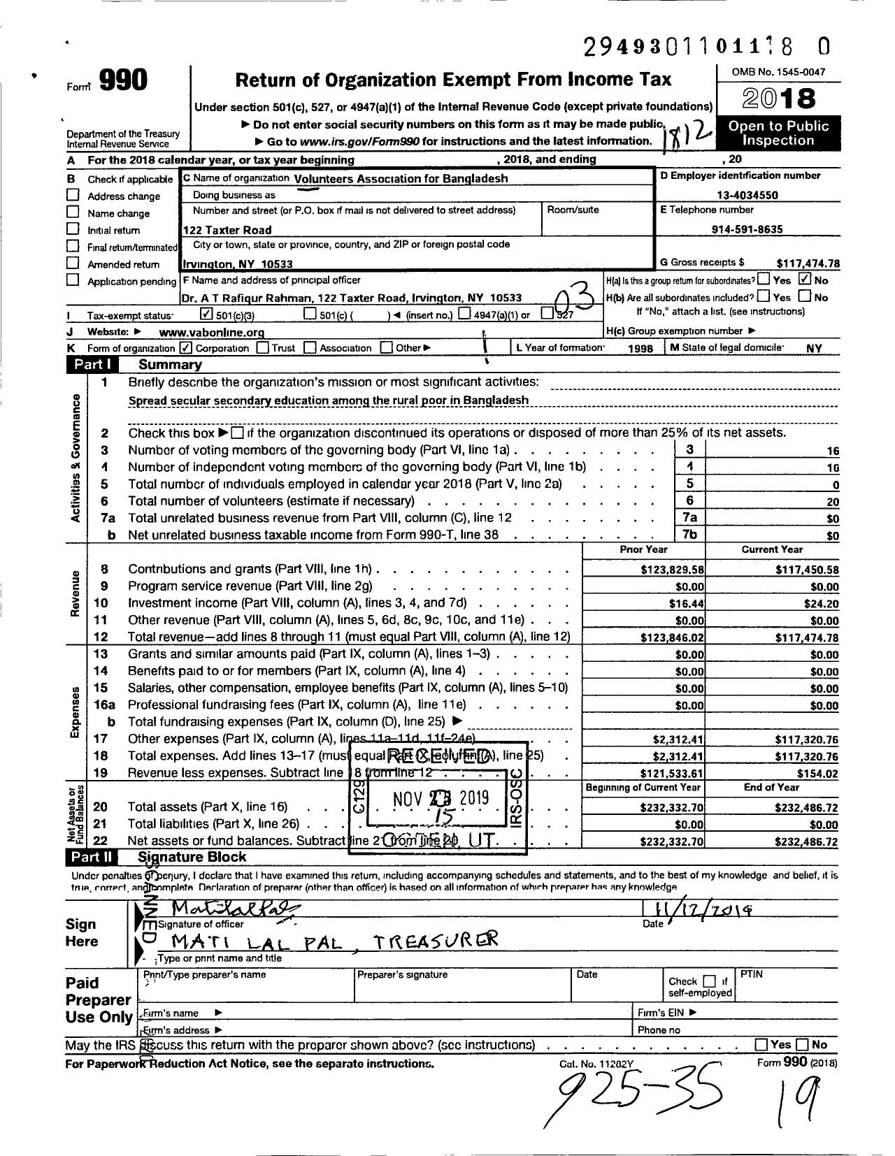 Image of first page of 2018 Form 990 for Volunteers Association for Bangladesh