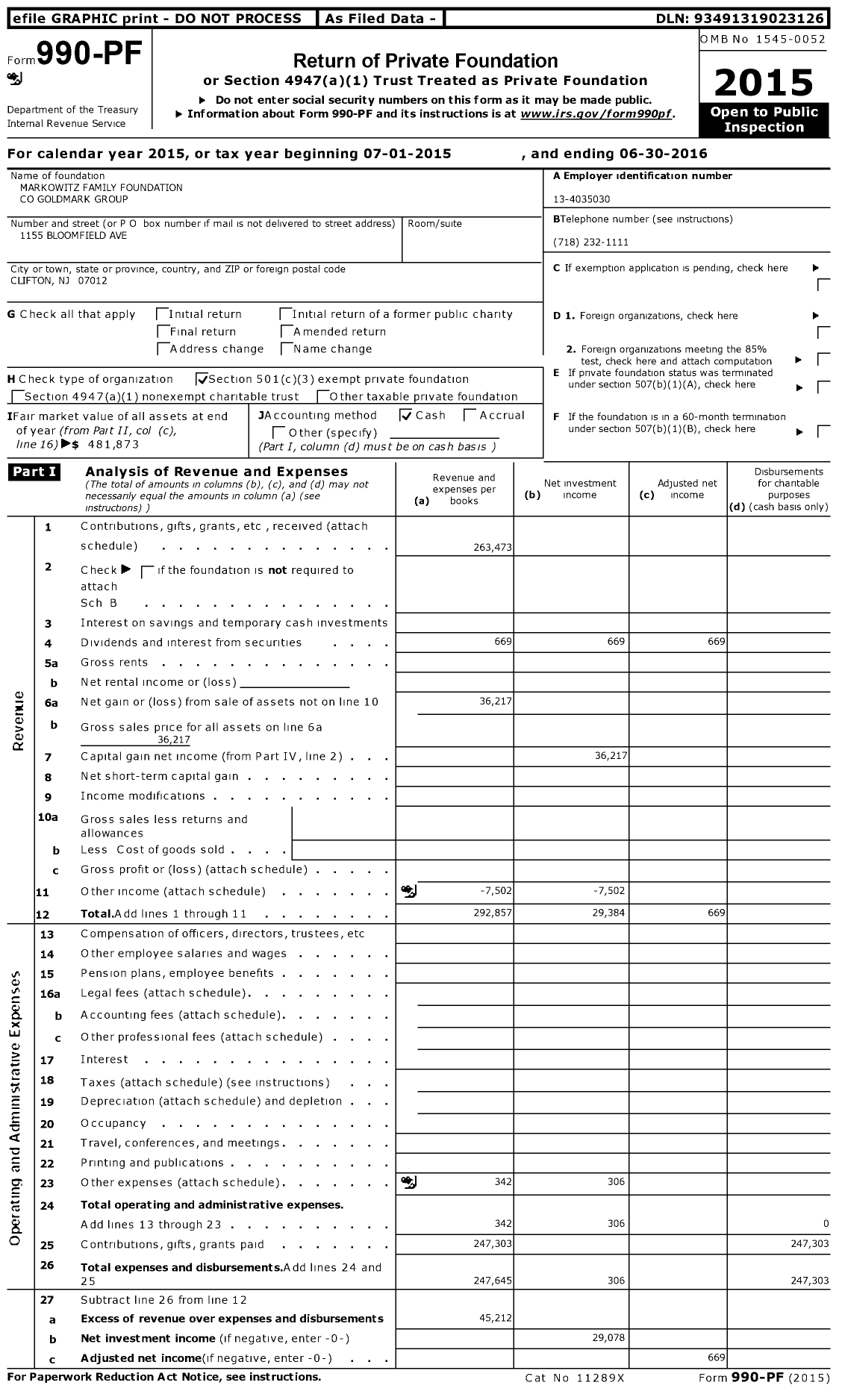 Image of first page of 2015 Form 990PF for Markowitz Family Foundation