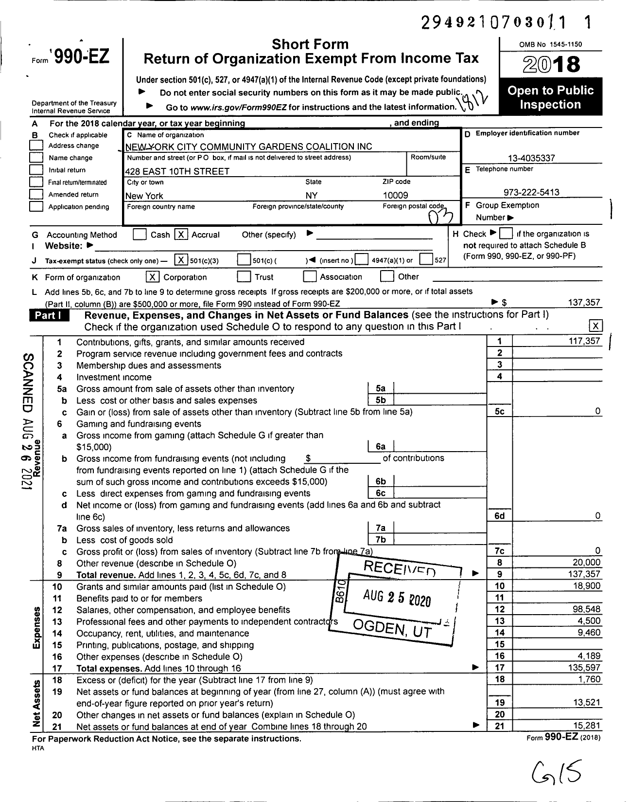 Image of first page of 2018 Form 990EZ for New York City Community Gardens Coalition