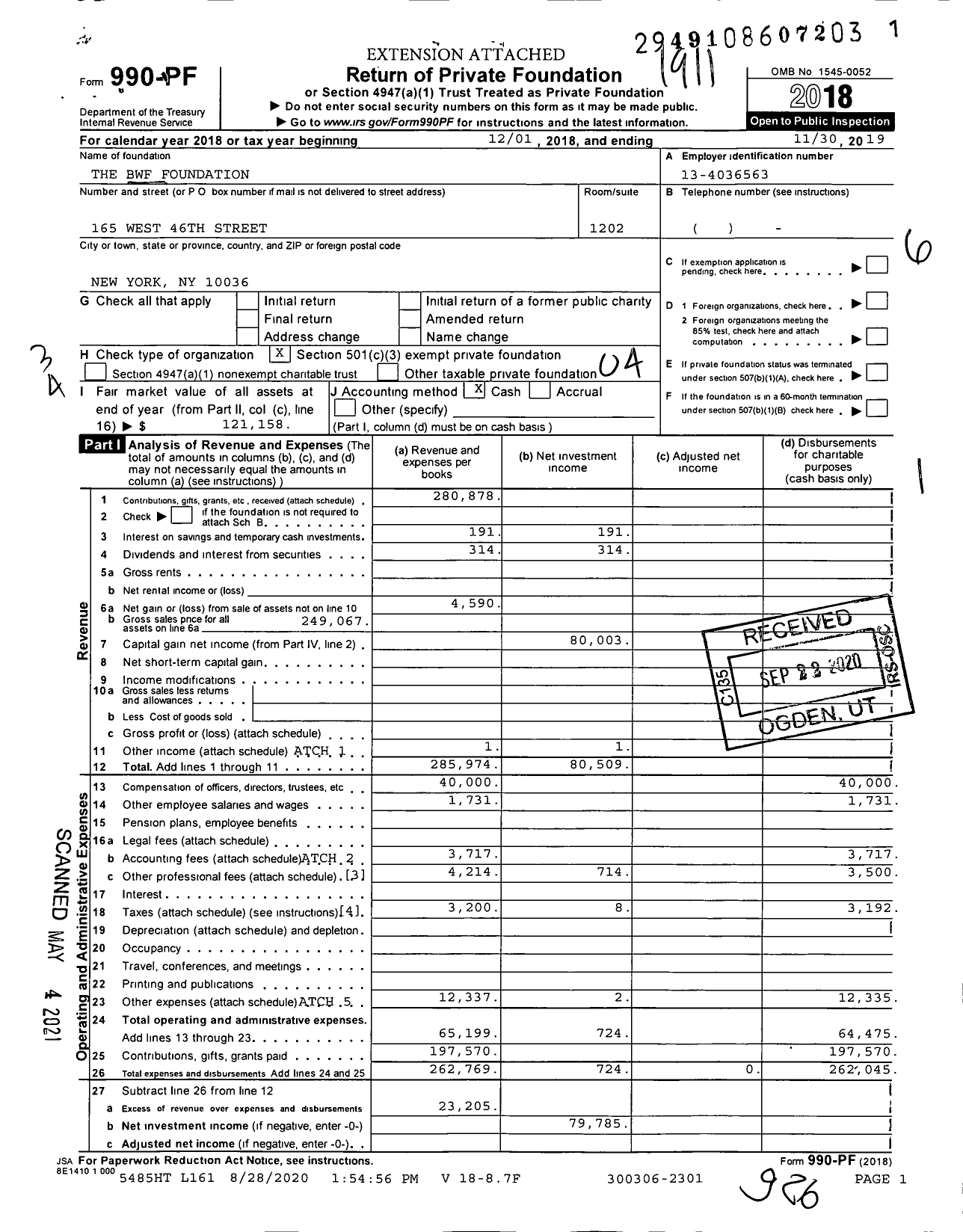 Image of first page of 2018 Form 990PF for The BWF Foundation