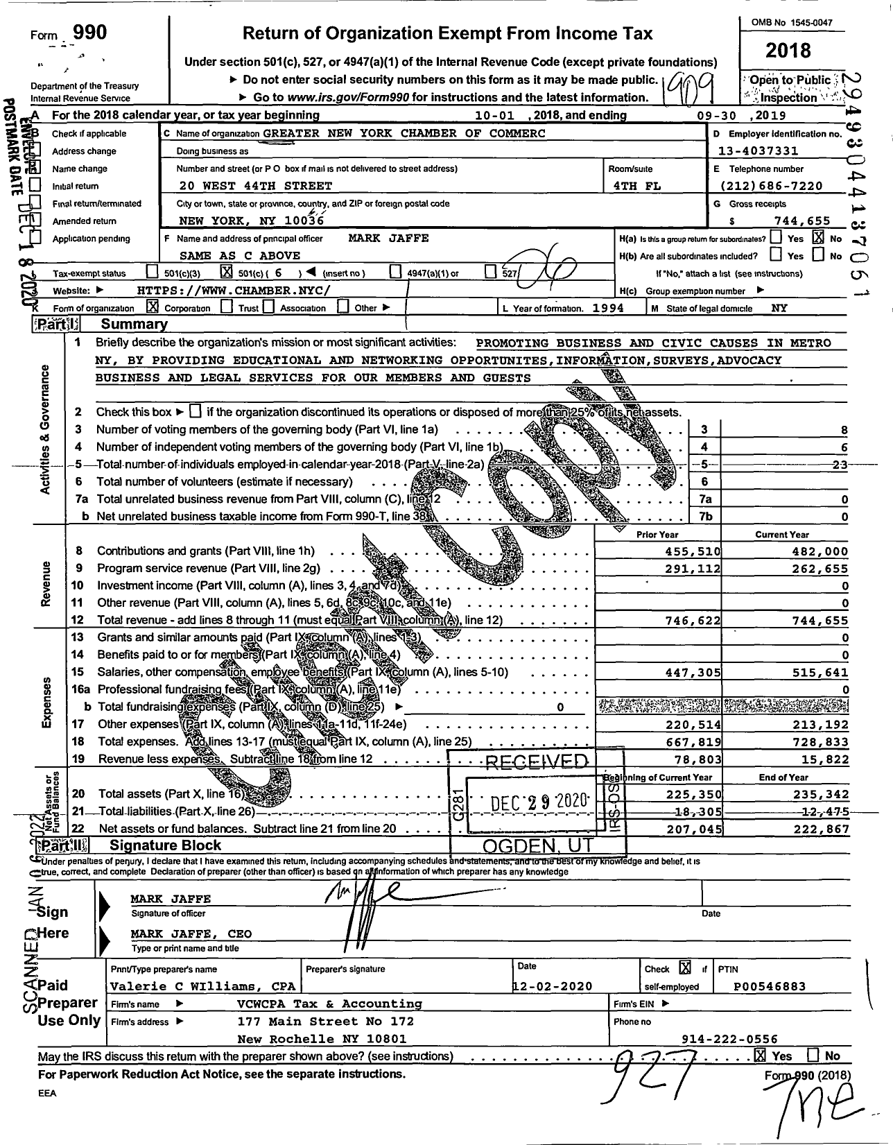 Image of first page of 2018 Form 990O for Greater New York Chamber of Commerce