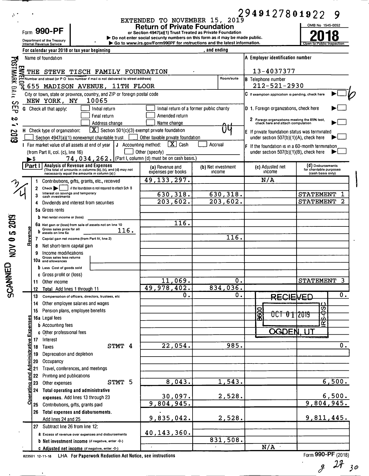 Image of first page of 2018 Form 990PF for Steve Tisch Family Foundation