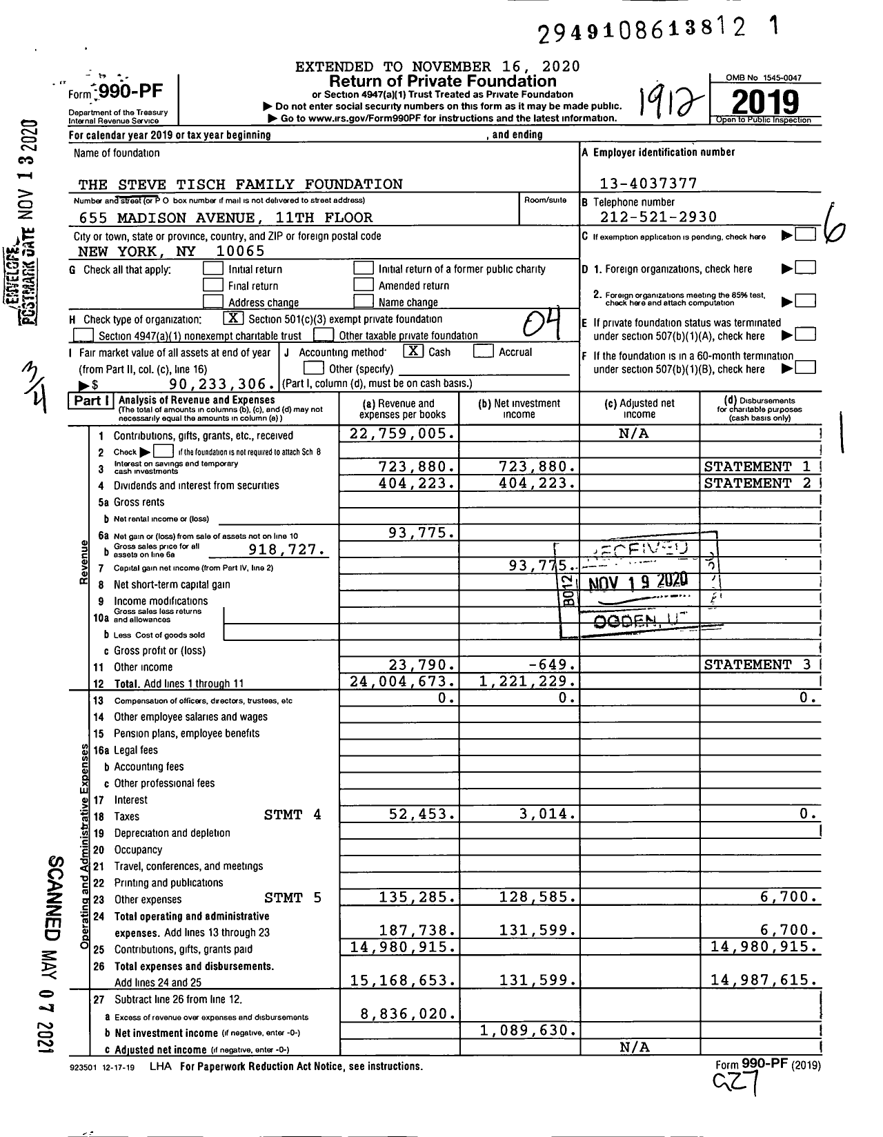 Image of first page of 2019 Form 990PF for Steve Tisch Family Foundation