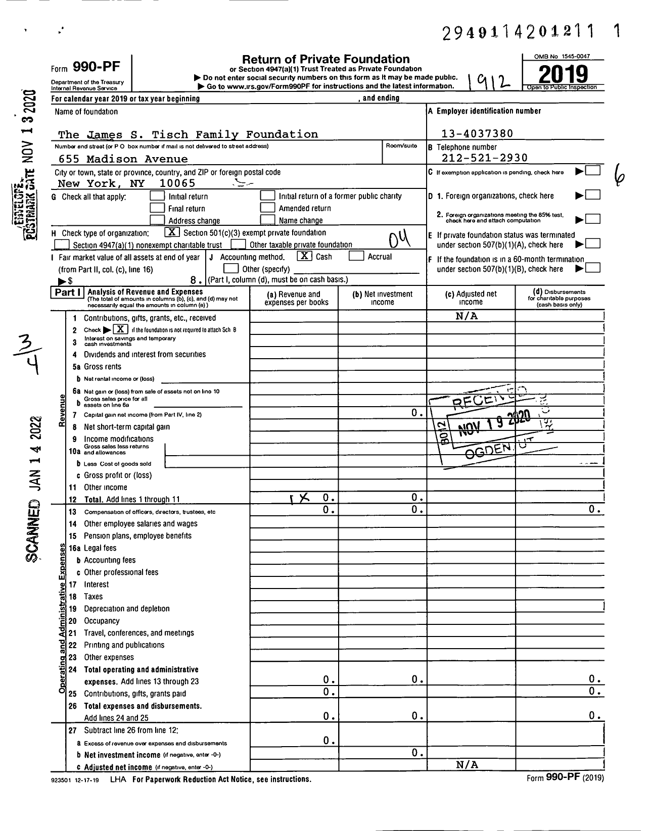 Image of first page of 2019 Form 990PF for The James S Tisch Family Foundation