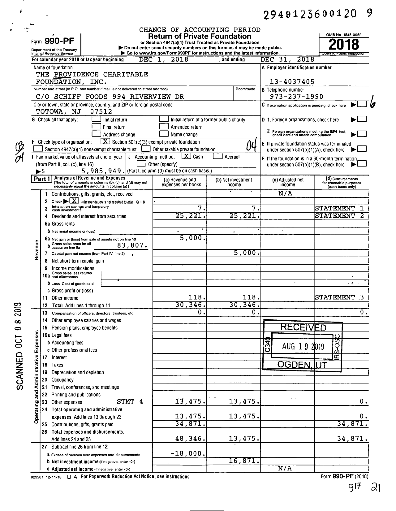 Image of first page of 2018 Form 990PF for The Providence Charitable Foundation