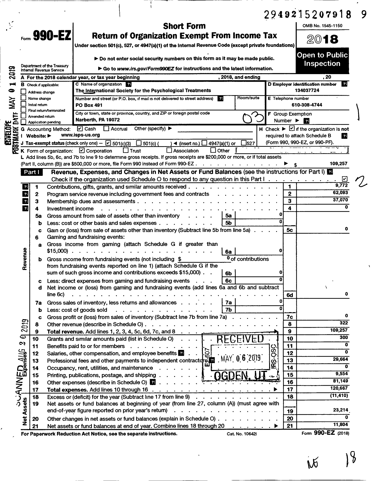 Image of first page of 2018 Form 990EZ for INTRNTNL Society FOR PSYCHOLOGICAL AND SOCIAL APPROACHES TO PSYCHOSiS CH