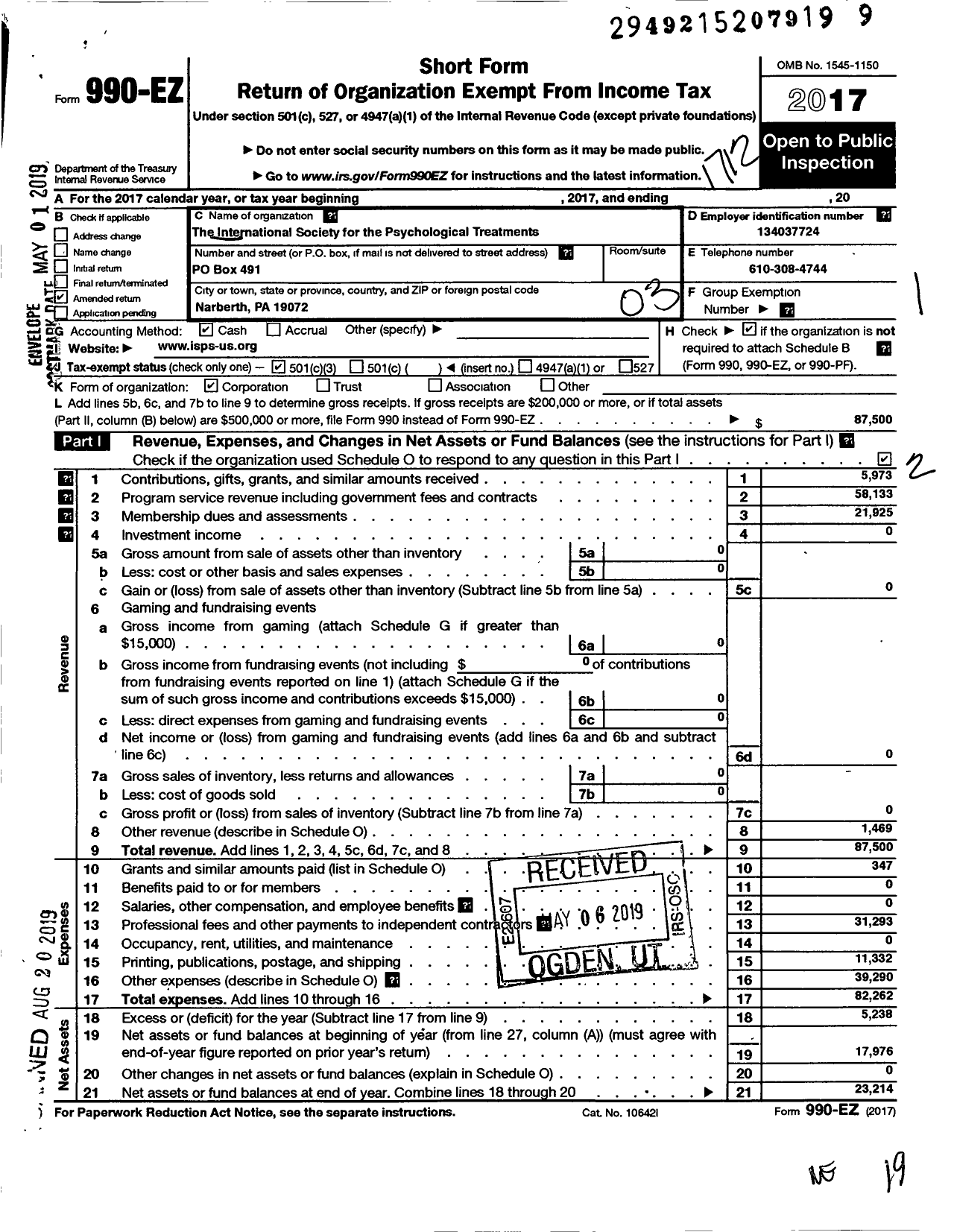 Image of first page of 2017 Form 990EZ for INTRNTNL Society FOR PSYCHOLOGICAL AND SOCIAL APPROACHES TO PSYCHOSiS CH