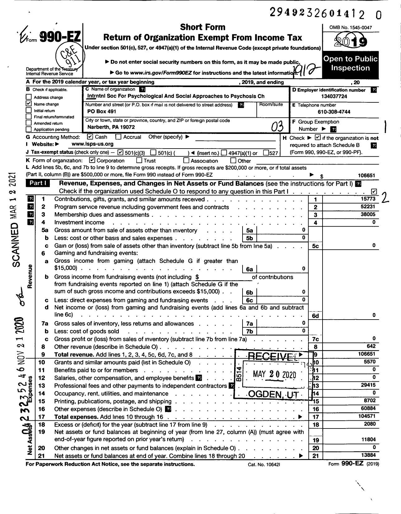 Image of first page of 2019 Form 990EZ for INTRNTNL Society FOR PSYCHOLOGICAL AND SOCIAL APPROACHES TO PSYCHOSiS CH