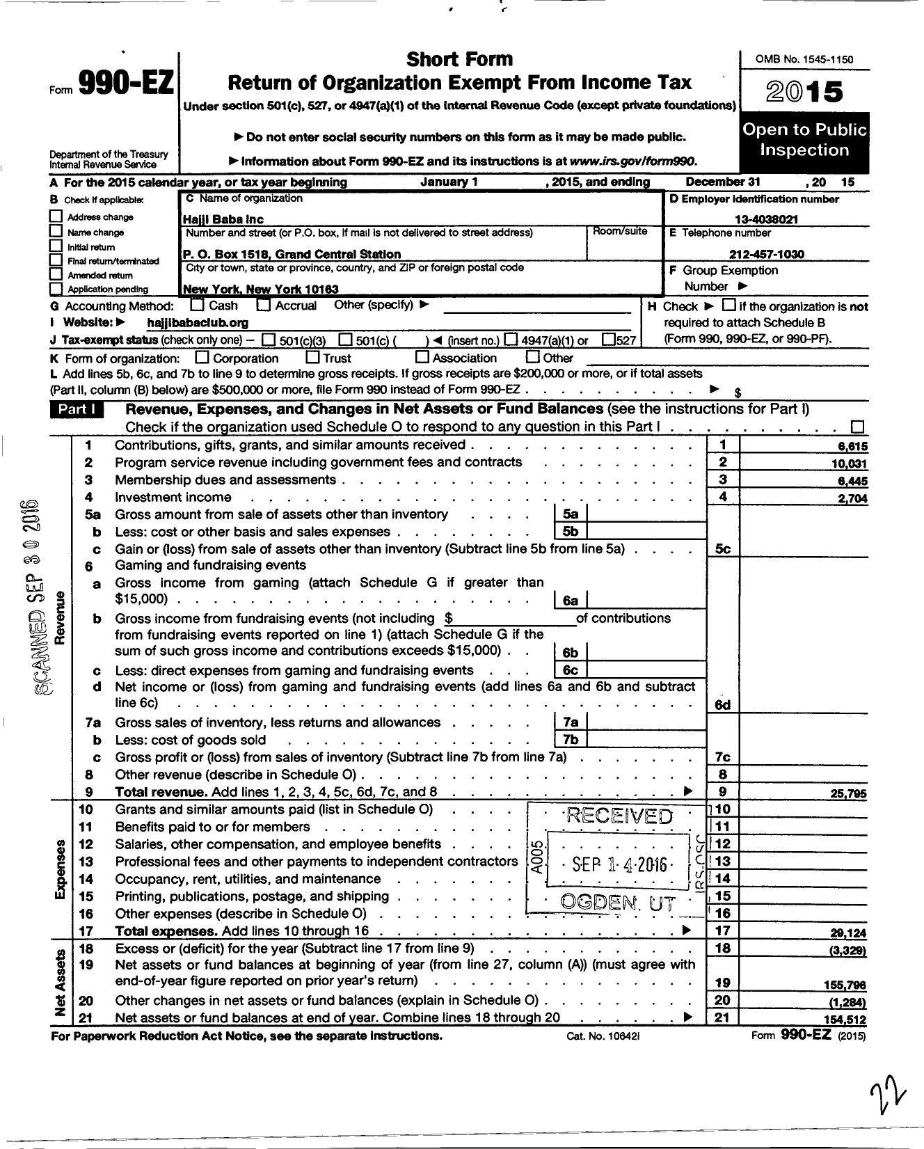 Image of first page of 2015 Form 990EO for Hajji Baba