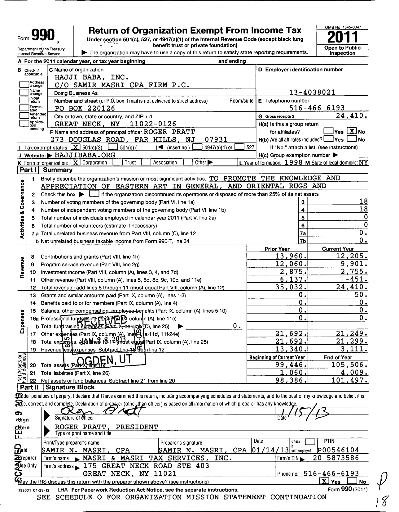 Image of first page of 2011 Form 990 for Hajji Baba