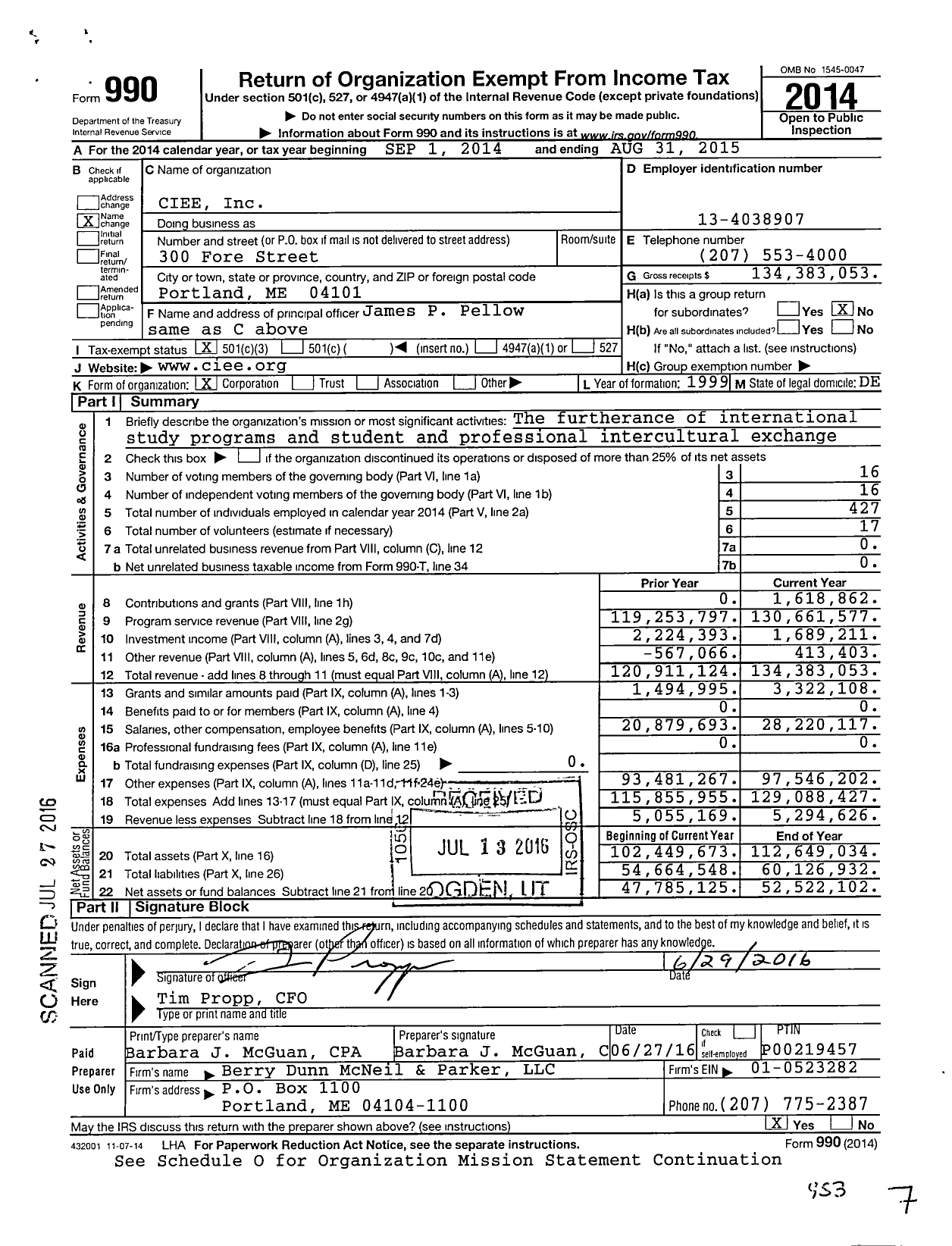 Image of first page of 2014 Form 990 for Council on International Educational Exchange / Council International Study Program (CIEE)