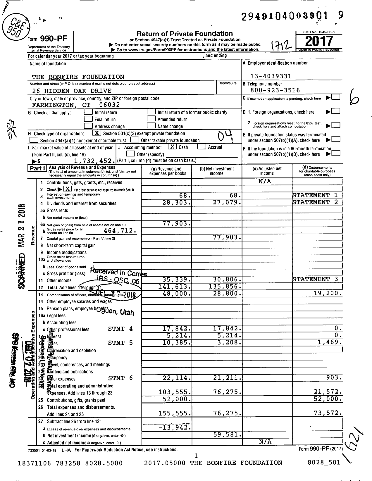 Image of first page of 2017 Form 990PF for The Bonfire Foundation