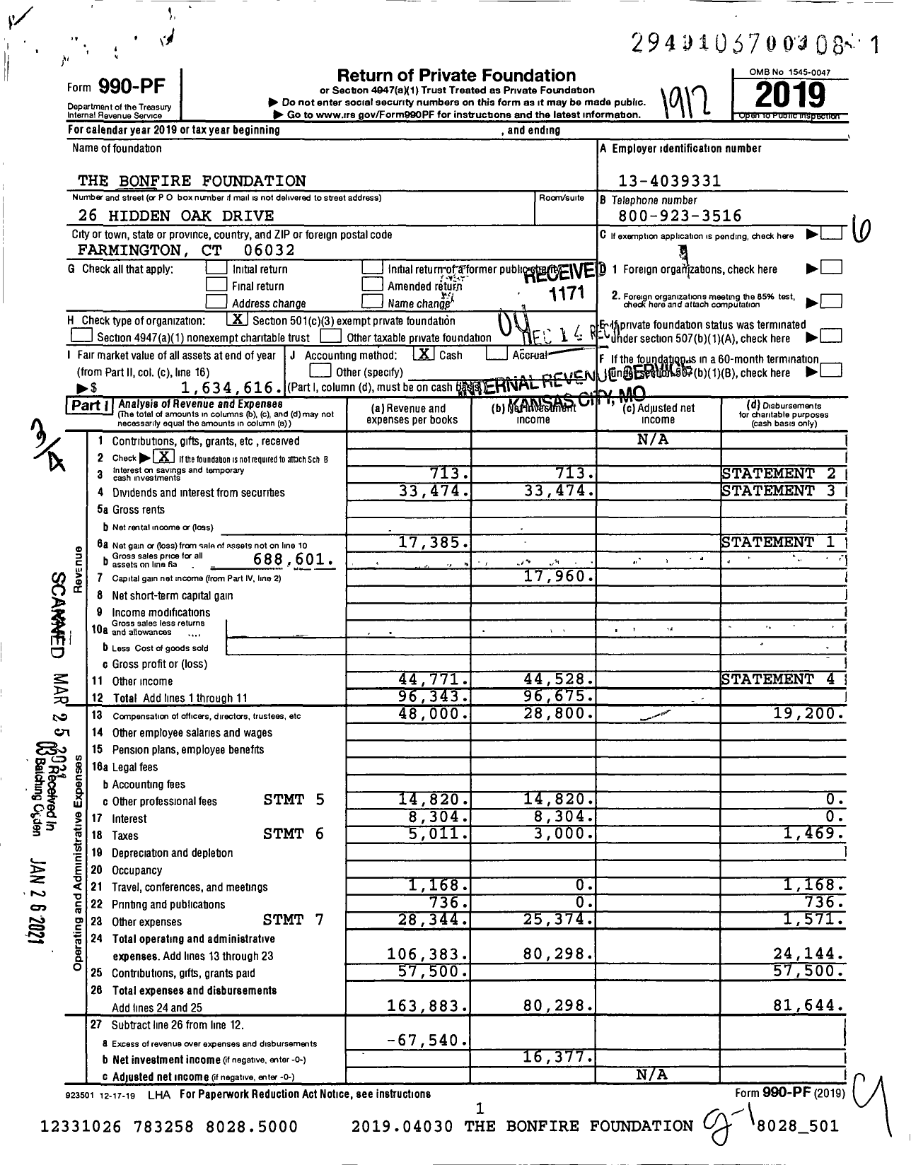 Image of first page of 2019 Form 990PF for The Bonfire Foundation