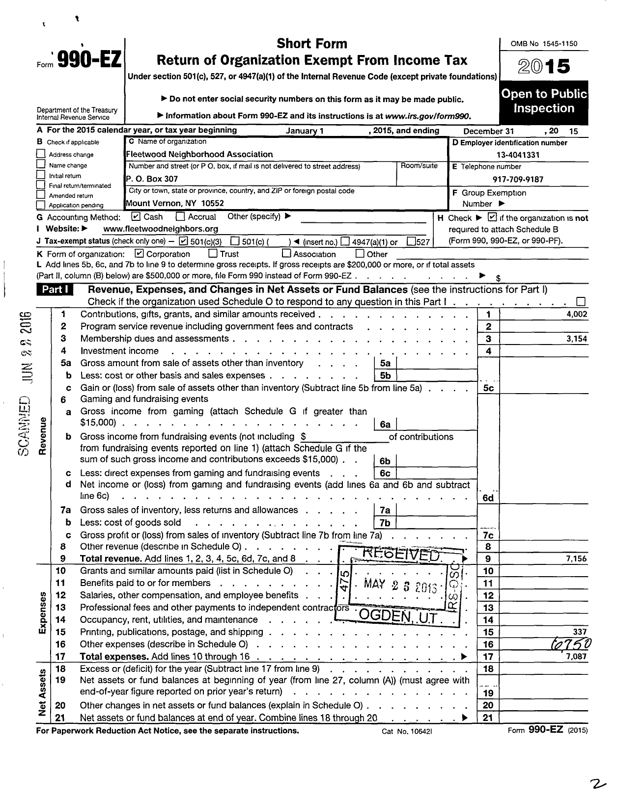 Image of first page of 2015 Form 990EZ for Fleetwood Neighborhood Association