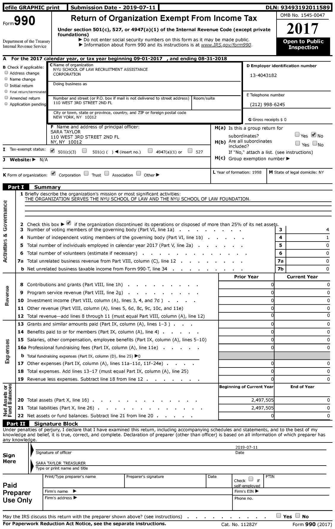 Image of first page of 2017 Form 990 for Nyu School of Law Recruitment Assistance Corporation