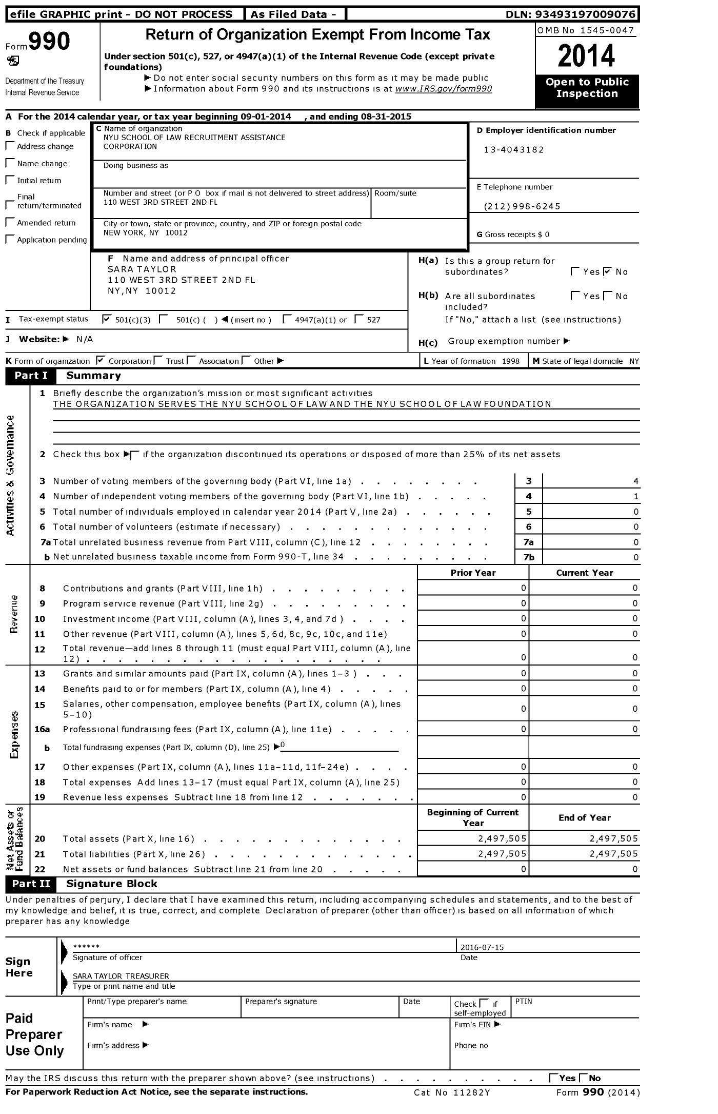 Image of first page of 2014 Form 990 for Nyu School of Law Recruitment Assistance Corporation