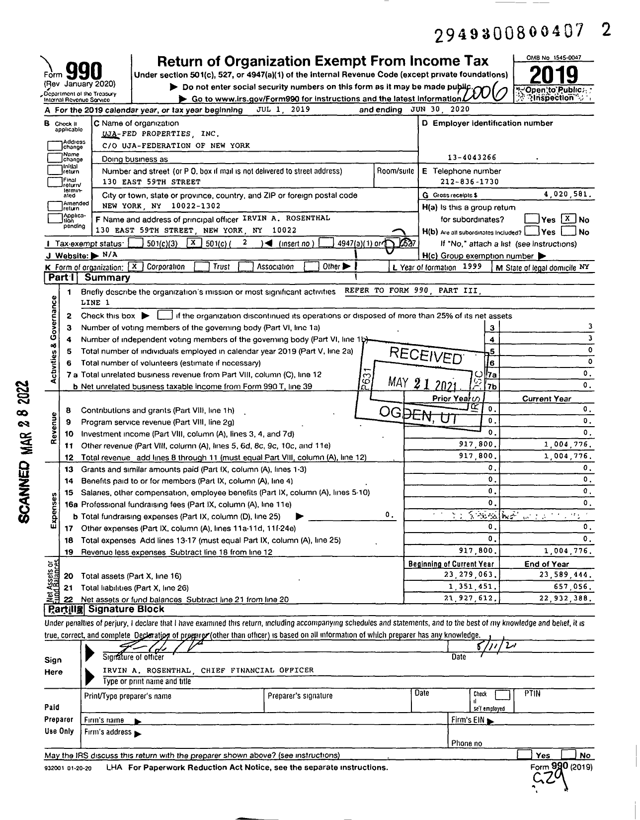 Image of first page of 2019 Form 990O for Uja-Fed Properties