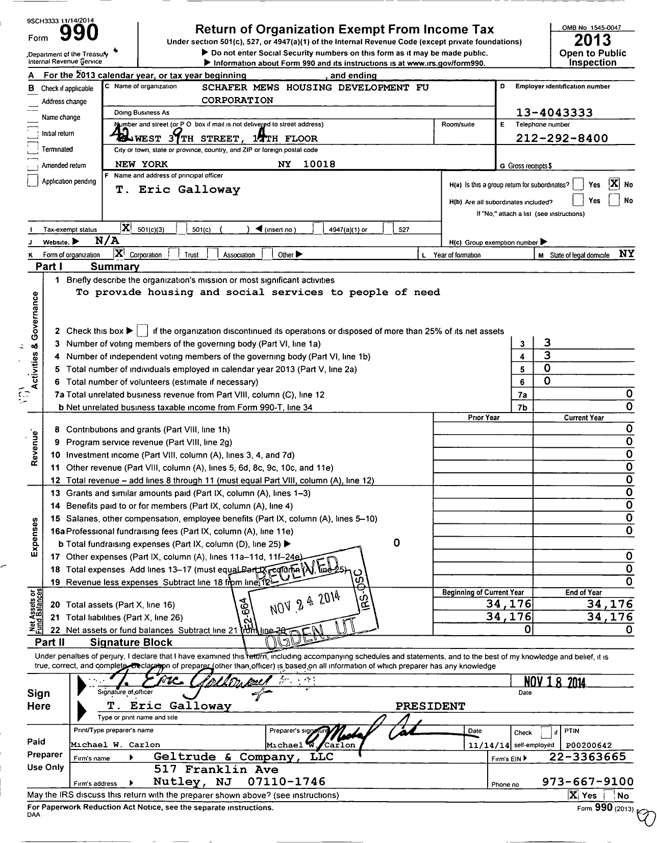 Image of first page of 2013 Form 990 for Schafer Mews Housing Development Fu Corporation