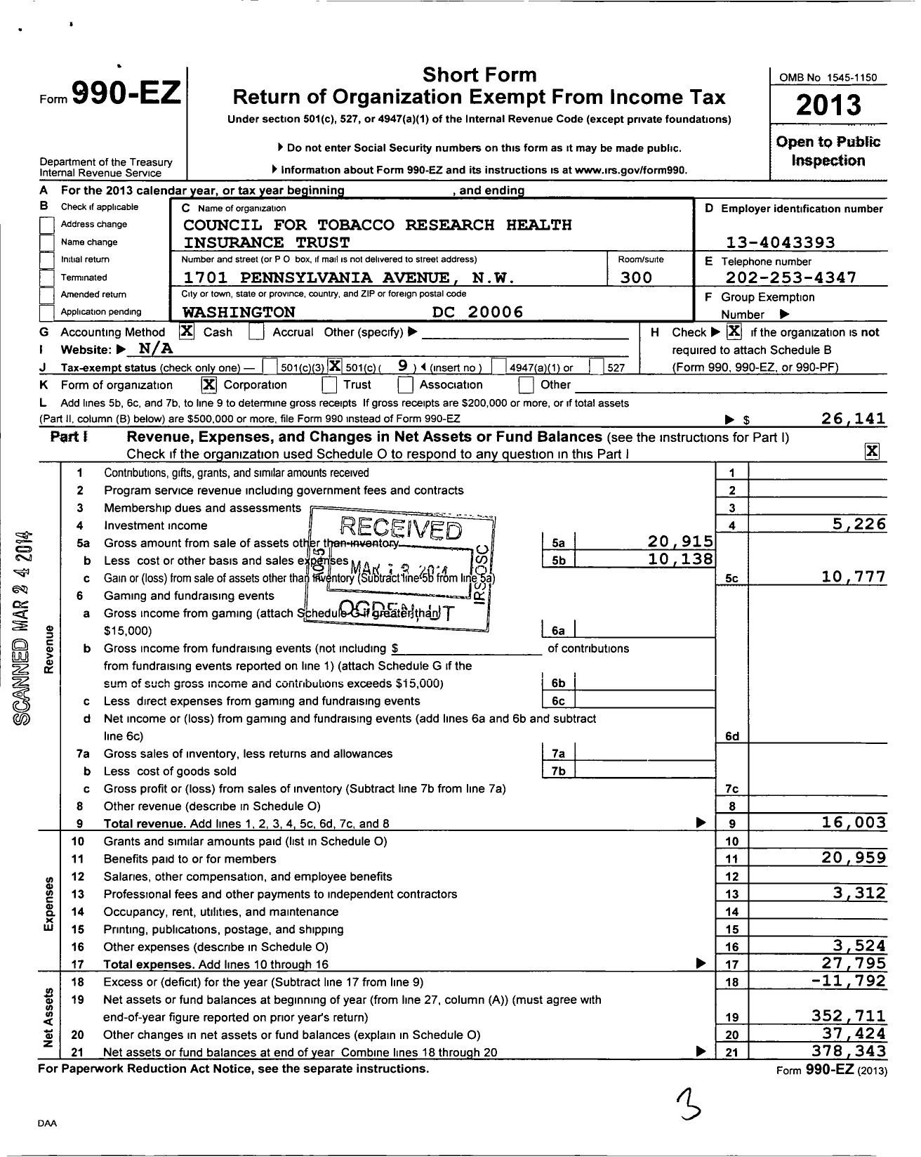 Image of first page of 2013 Form 990EO for Council for Tobacco Research Health Insurance Trust