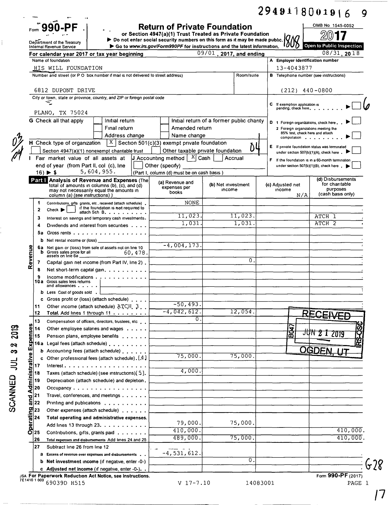 Image of first page of 2017 Form 990PF for His Will Foundation