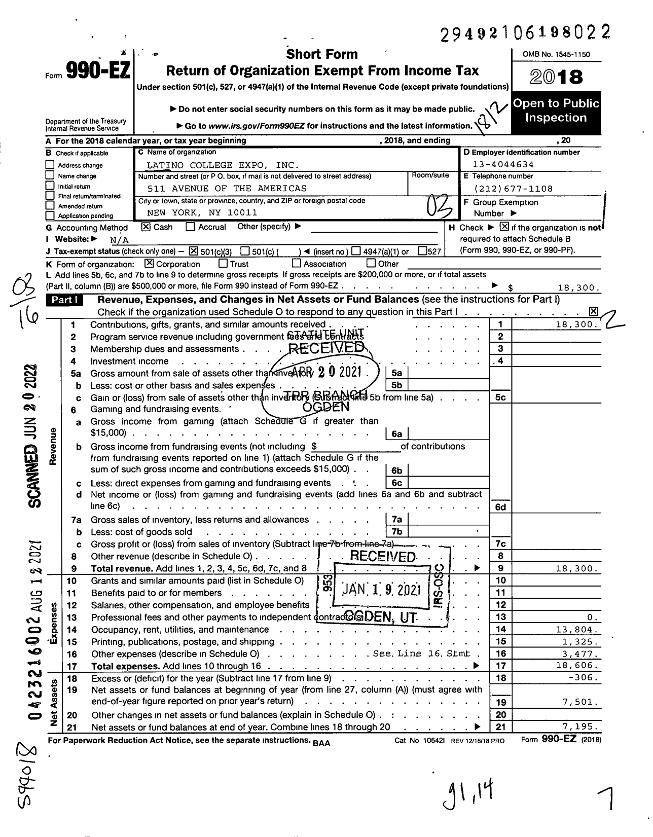 Image of first page of 2018 Form 990EZ for Latino College Expo