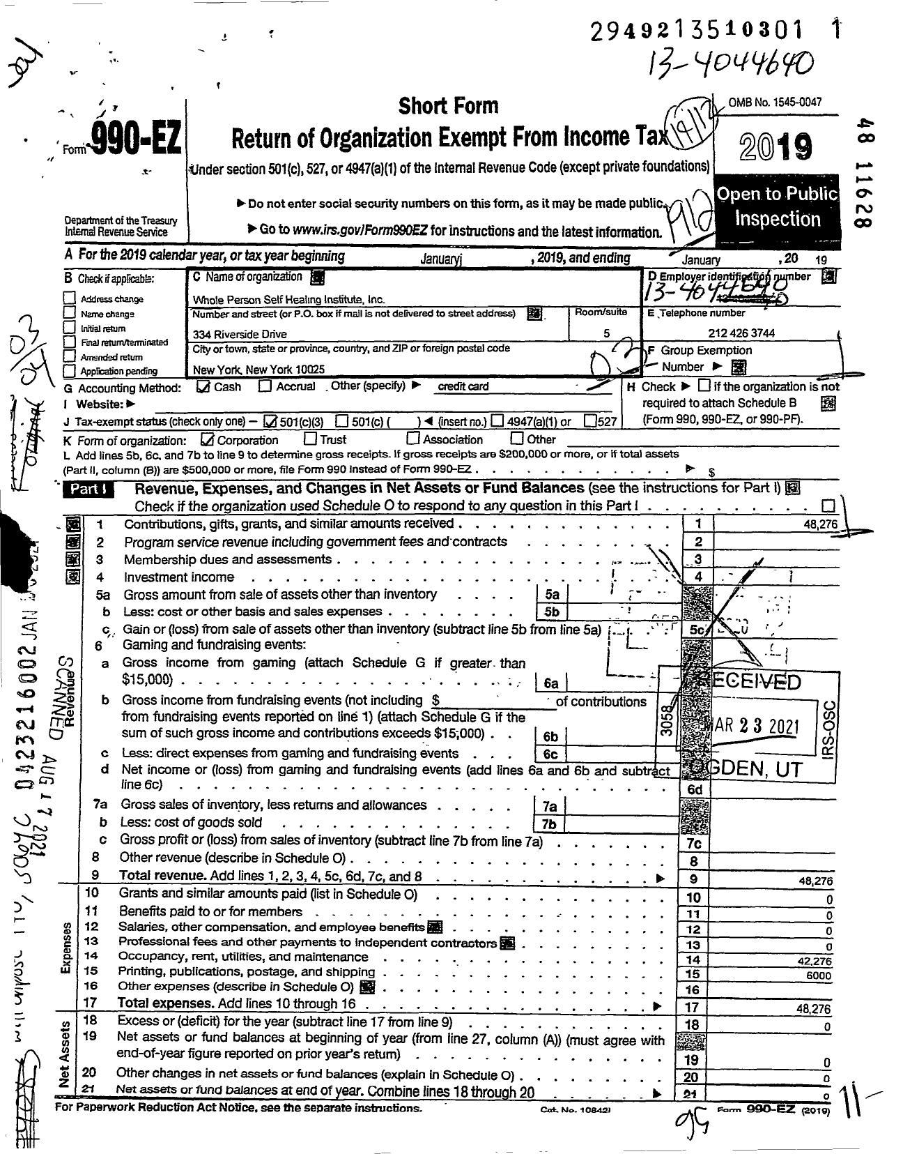 Image of first page of 2019 Form 990EZ for Whole Person Self Healing Institute