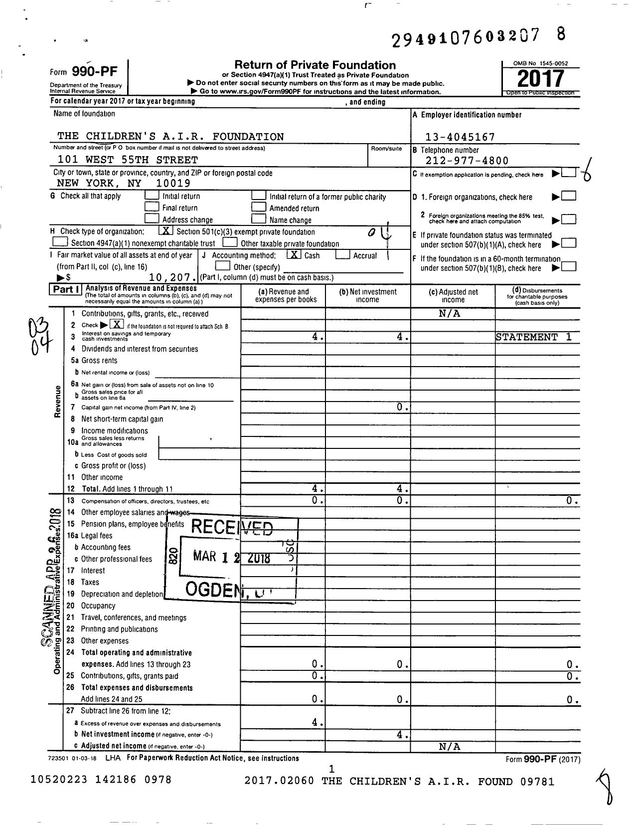 Image of first page of 2017 Form 990PF for The Children's Air Foundation