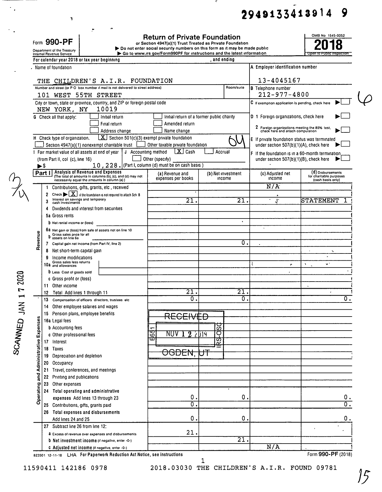 Image of first page of 2018 Form 990PF for The Children's Air Foundation
