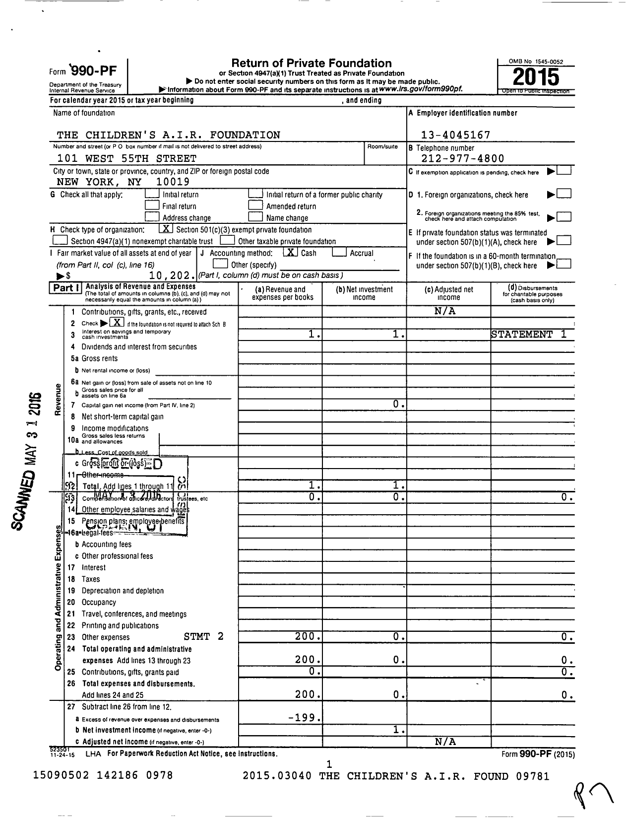 Image of first page of 2015 Form 990PF for The Children's Air Foundation