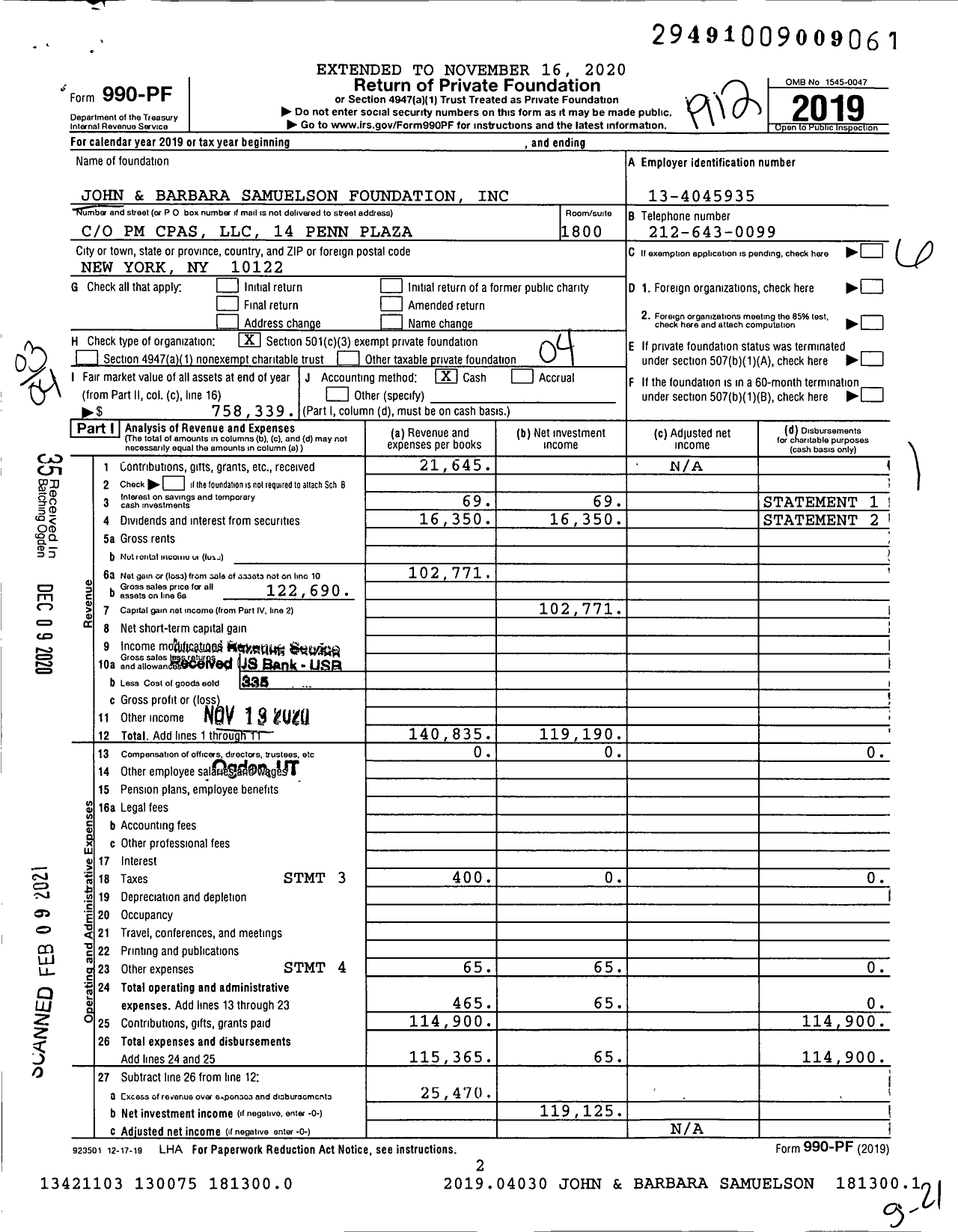 Image of first page of 2019 Form 990PF for John and Barbara Samuelson Foundation