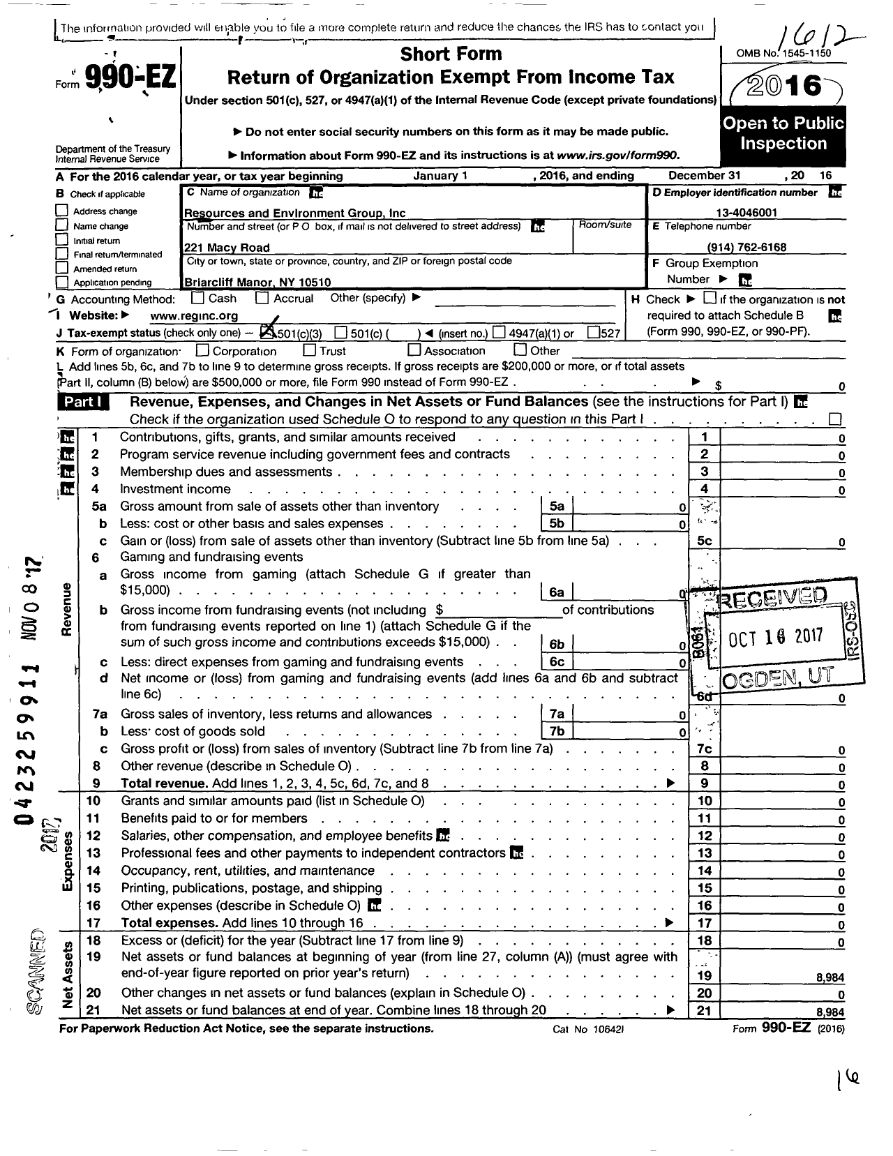 Image of first page of 2016 Form 990EZ for Resources and Environment Group