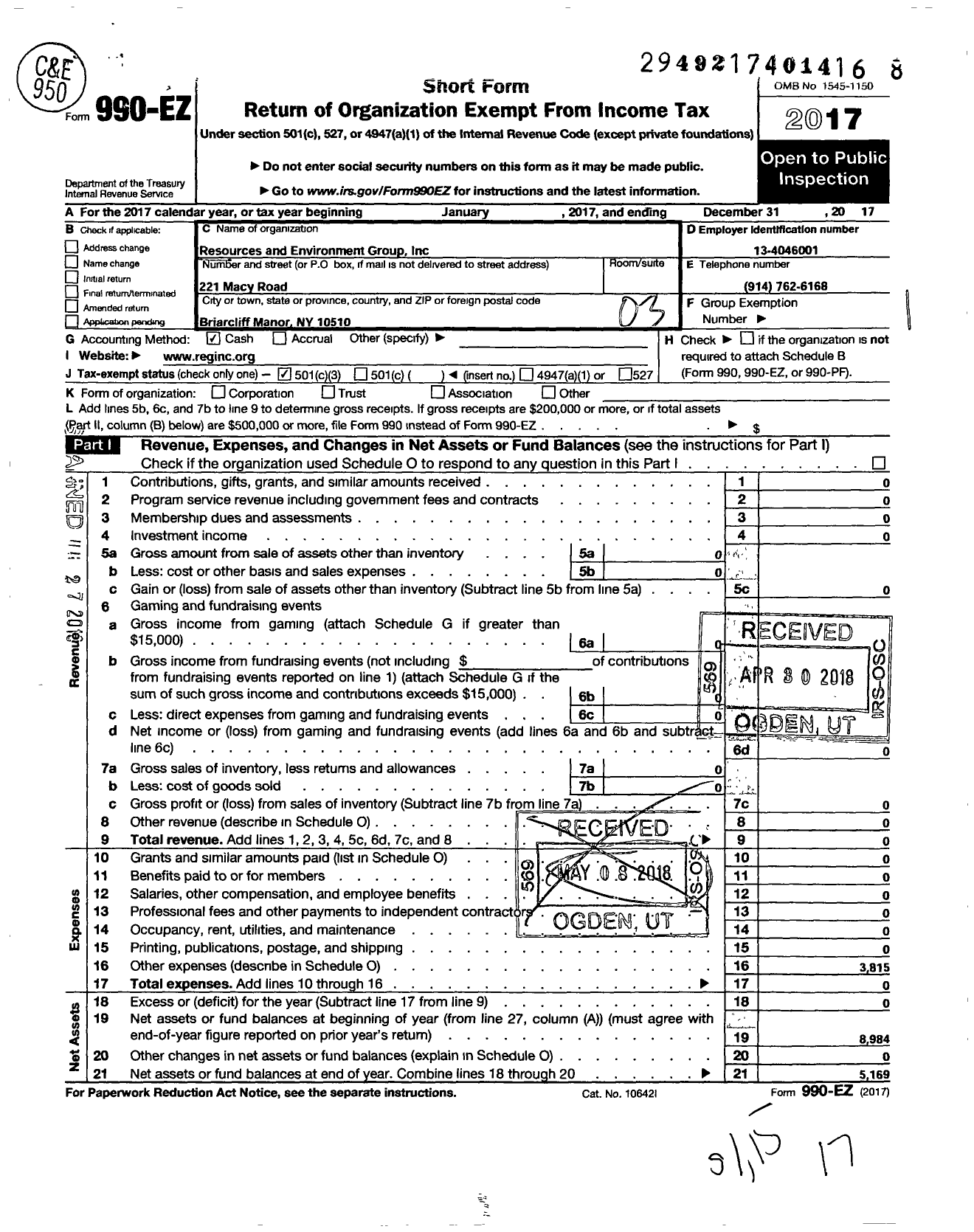 Image of first page of 2017 Form 990EZ for Resources and Environment Group